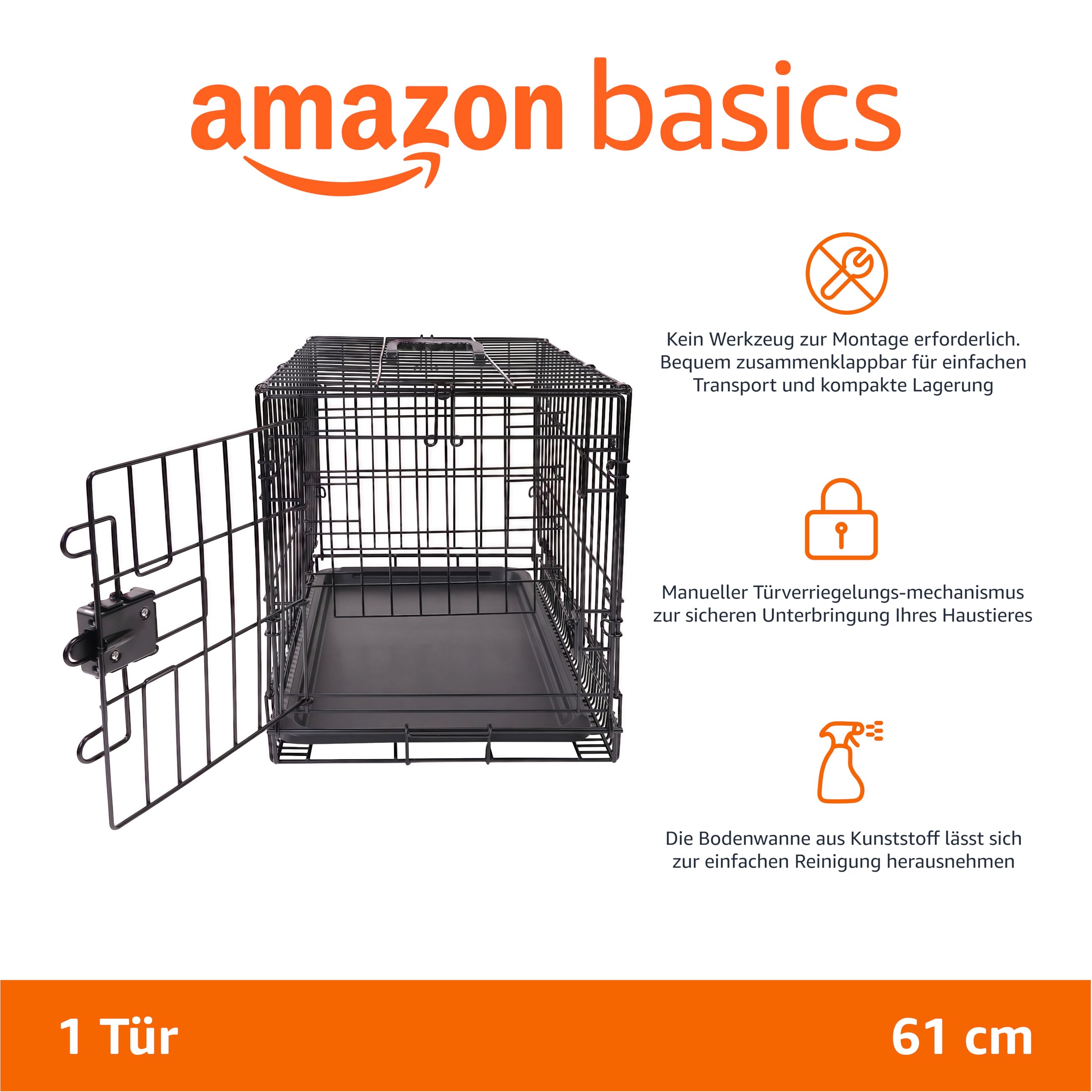 Amazon Basics Zusammenklappbarer Hundekäfig aus Metalldraht mit Bodenschale, Einzeltür, Schwarz, L 61 x B 46 x H 51 cm