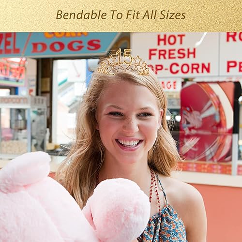 Miniatura 7 de Banda y tiara de cumpleaños número 15 para niñas, fabuloso juego banda con purpurina + estrellas con diamantes de imitación de tiara de metal dorado