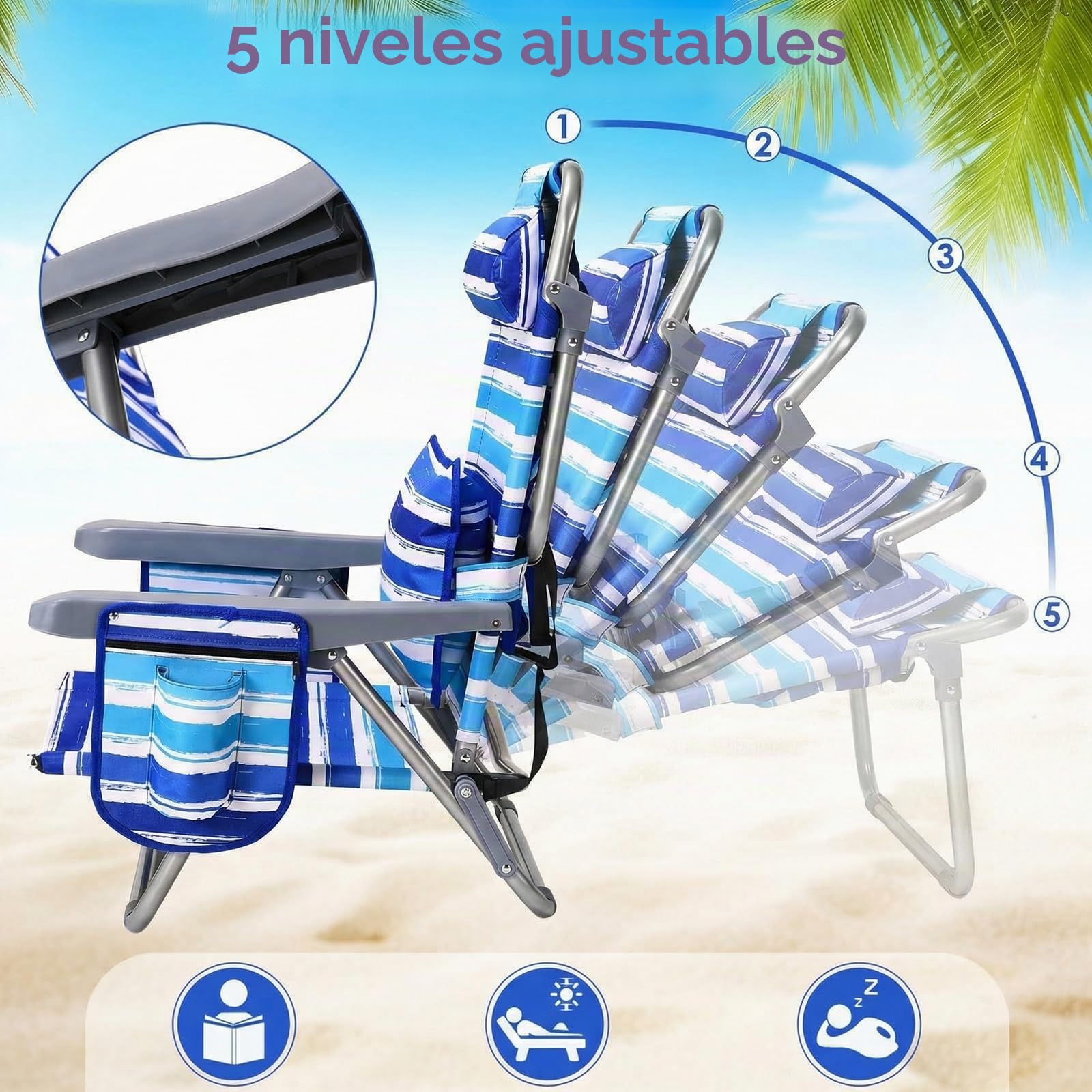 LIFERUN Silla De Playa,Set 2,Plegable,Reclinable,Diseño de Mochila,Azul | Respaldo 4 Posiciones,Carga 140kg,Oxford,Hierro,Bolsillo Térmico,Cojín Lumbar,Reposacabezas,Playa,Jardín,Camping,Festival