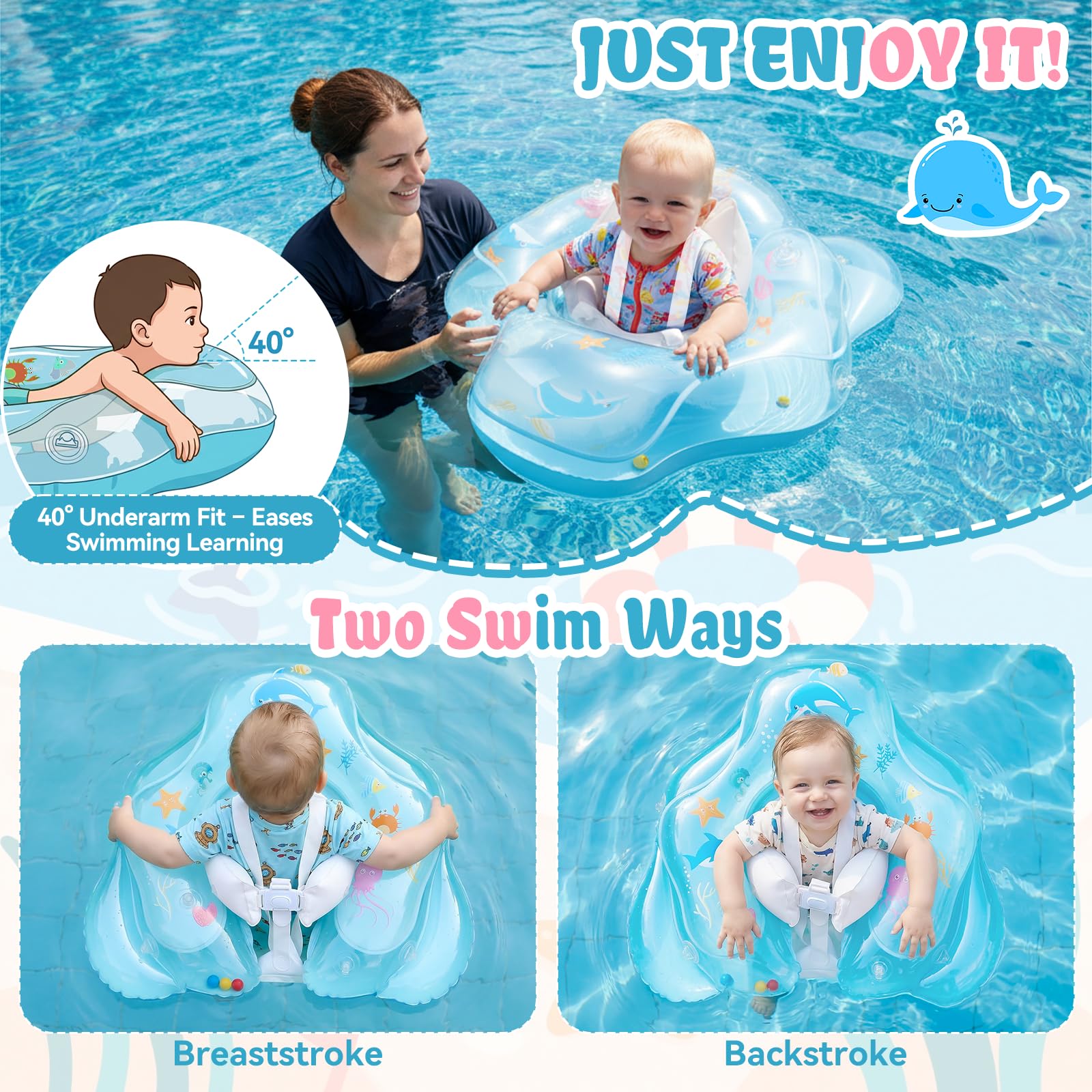 Ninonly Flotador Bebe con Sombrilla UV UPF 50+ Flotador Inflable para Bebe de Protección Solar Antivuelco Piscina Bebé con Asiento y Respaldo para Niños de 12 a 36 Meses