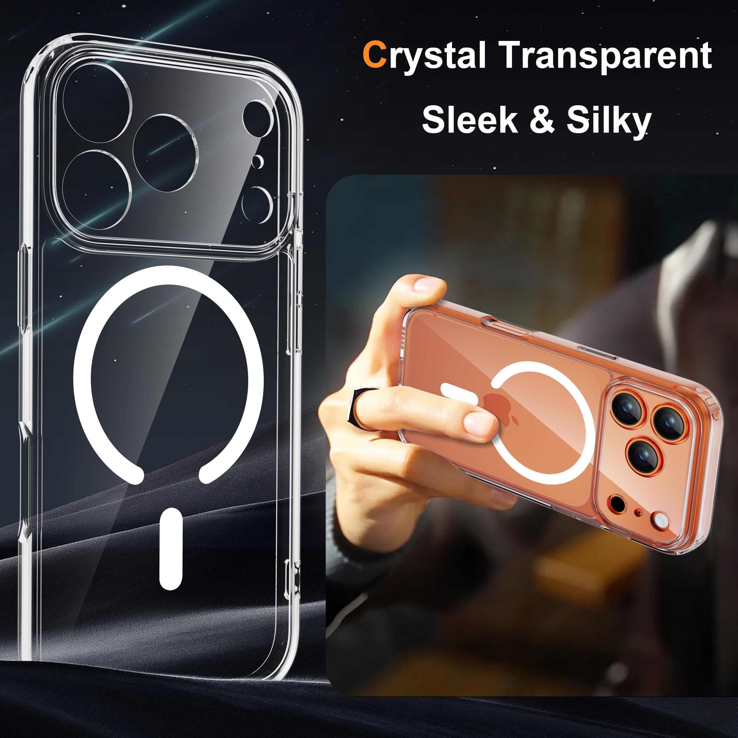 ORETECH Magnetica Cover per iPhone 17 Pro Max 6,9" con 2 Vetro Temperato, Compatibile con MagSafe,Protezione Completa Della Fotocamera, Anti-Graffio Antiurto Ultra Sottile Hard PC Cover-Trasparente