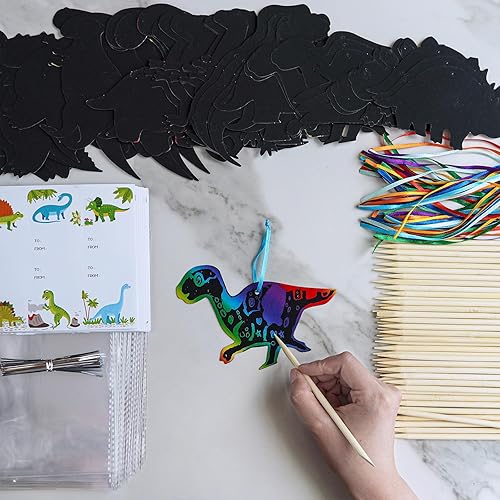 Miniatura 2 de Winlyn Juego de 48 juegos de 12 estilos mágicos de dinosaurios para rascar de colores, kits de manualidades, juegos de arte de papel para rascar,