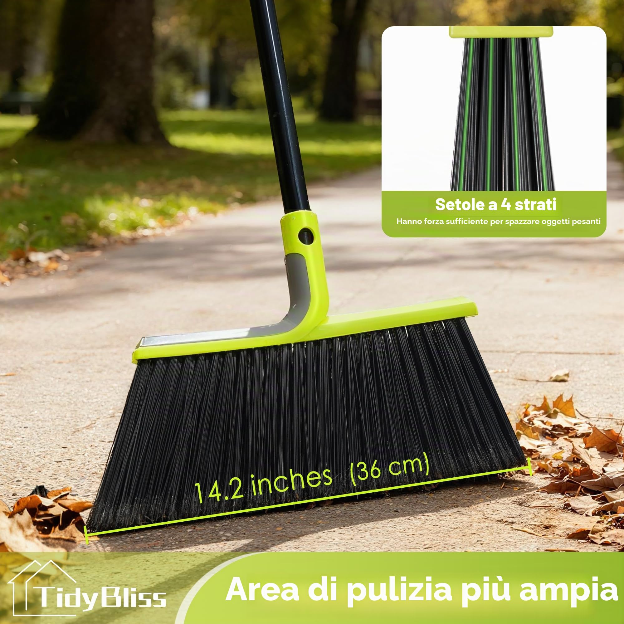TidyBliss Scopa Esterno Impieghi Gravosi, Spazzola Angolare Commerciale Setole Morbide 143 cm per spazzare all'esterno Patio Giardino Terrazza Ristorante Garage Ingresso Pavimenti in Legno (Verde)