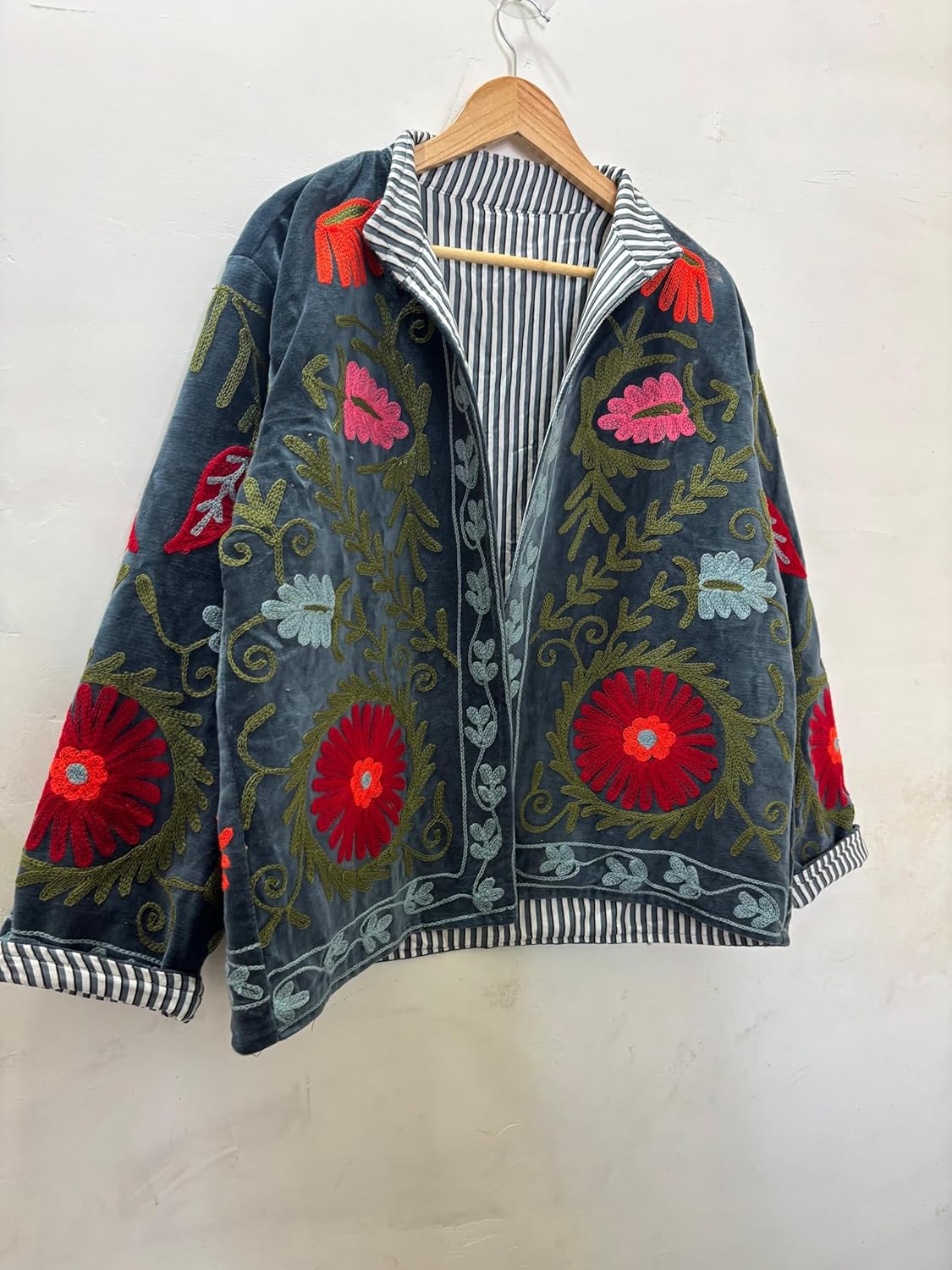 Embroidered Velvet Jacket, Gray, Floral Design, Striped Lining, Open Front, Long Sleeve, Boho Style