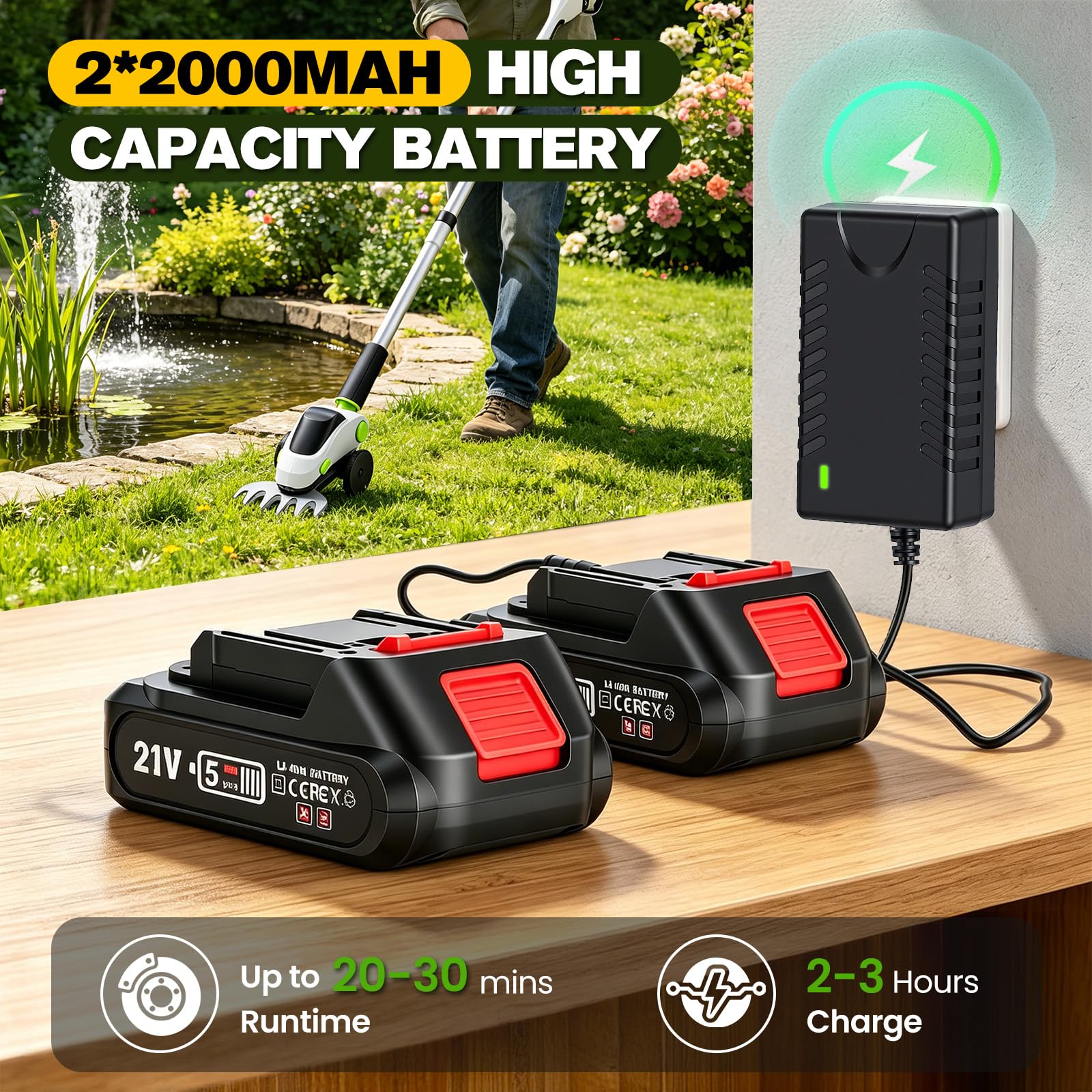 Cortasetos telescópico con batería de 21 V, 2 en 1, cortasetos con batería con 2 cabezales intercambiables, motor de cepillo de 500 W, cuchilla SK5, cabezal de corte ajustable en 11 posiciones, ideal