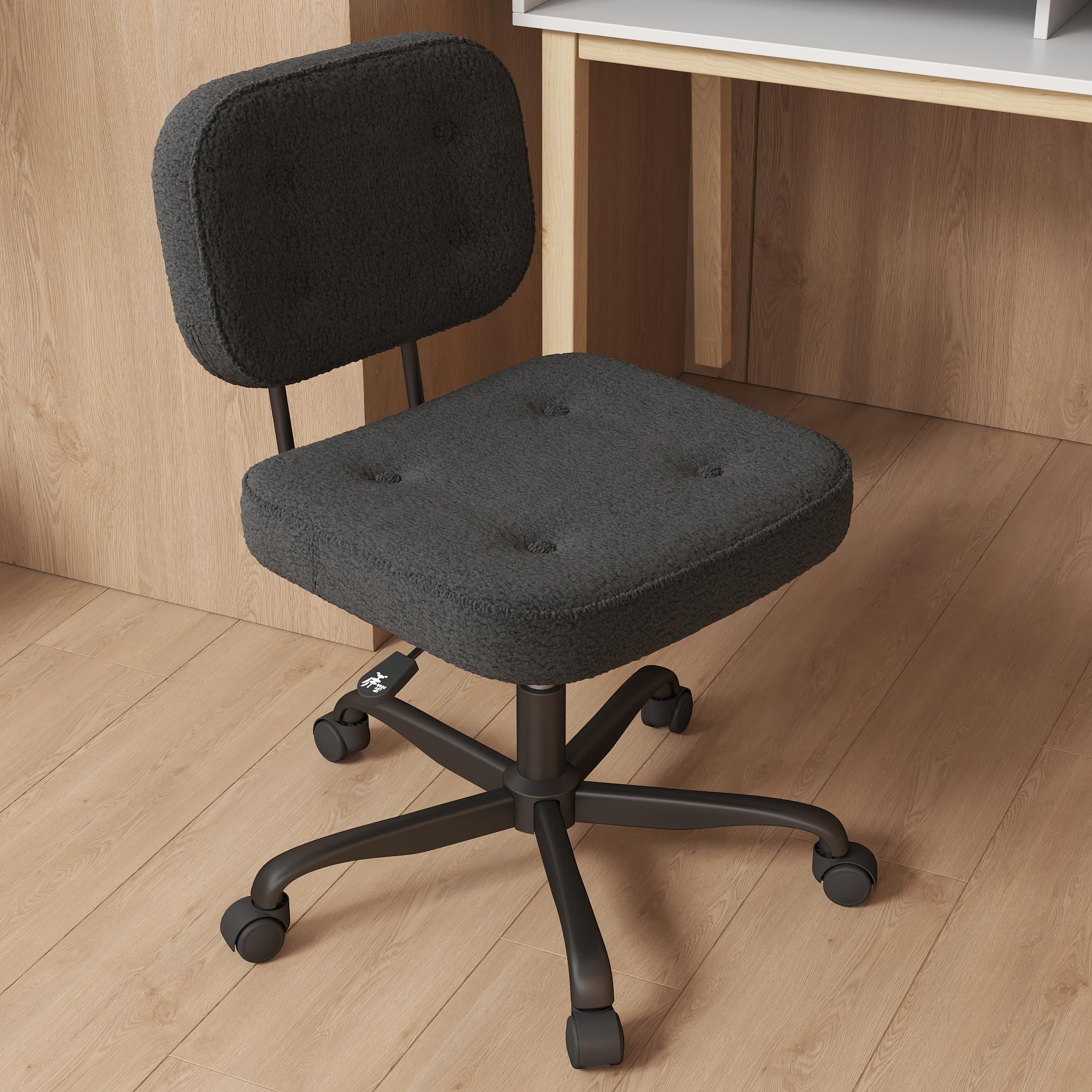 AnyGod Schreibtischstuhl ohne Armlehne, Kompakter Drehstuhl mit Rollen & Höhenverstellbar, Ergonomischer Computerstuhl für kleine Räume & Schminktisch, Teddy-Stoff Schwarz