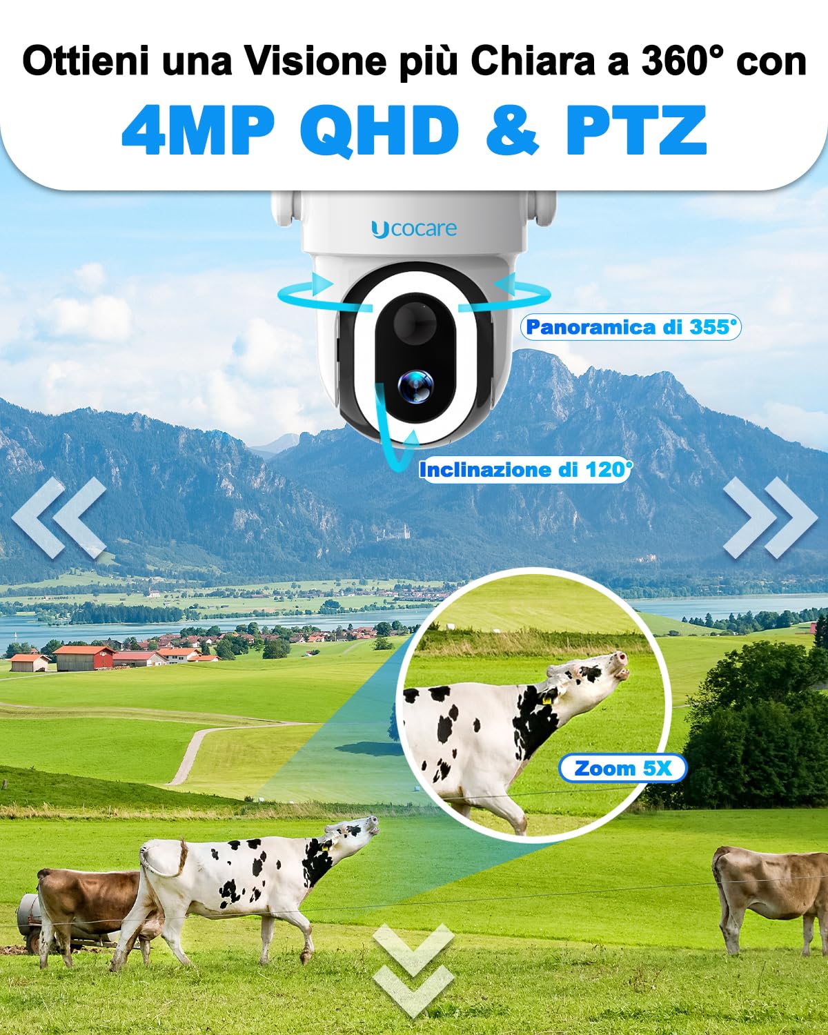 UCOCARE Telecamera 4G da Esterno con SIM, 4MP Telecamera Solare con SIM | Pannello Solare 8W, Batteria 15000mAh, 360° PTZ, Rilevamento Movimento AI, Visione Notturna a Colori con 14 Luci, IP67