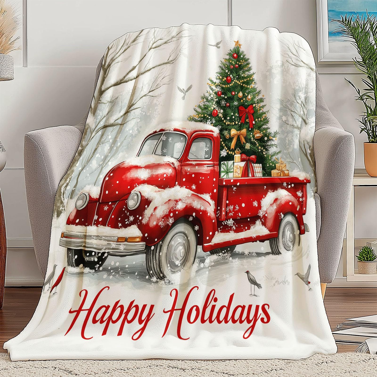 Manta de Franela Polar, Suave y cálida, con Estampado Navidad Camión Retro Manta de Viaje para Dormitorio Sala de Estar Oficina 200 x 220 cm, Blanco
