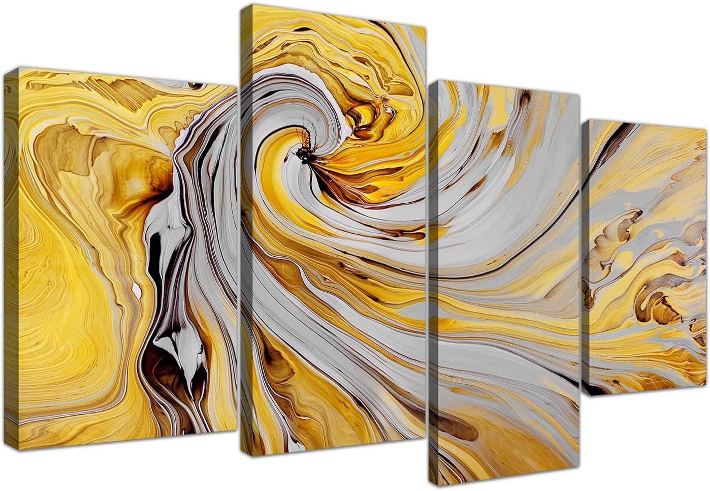 Wallfillers Large Mustard Yellow And Grey Spiral Swirl - Abstract Canvas Split 4 Part - 4290