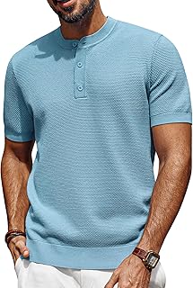 Mens Tees Short Sleeve Crewneck Henley Shirts Knitted Textured Shirt Solid T-Shirts Summer Top - Buy now