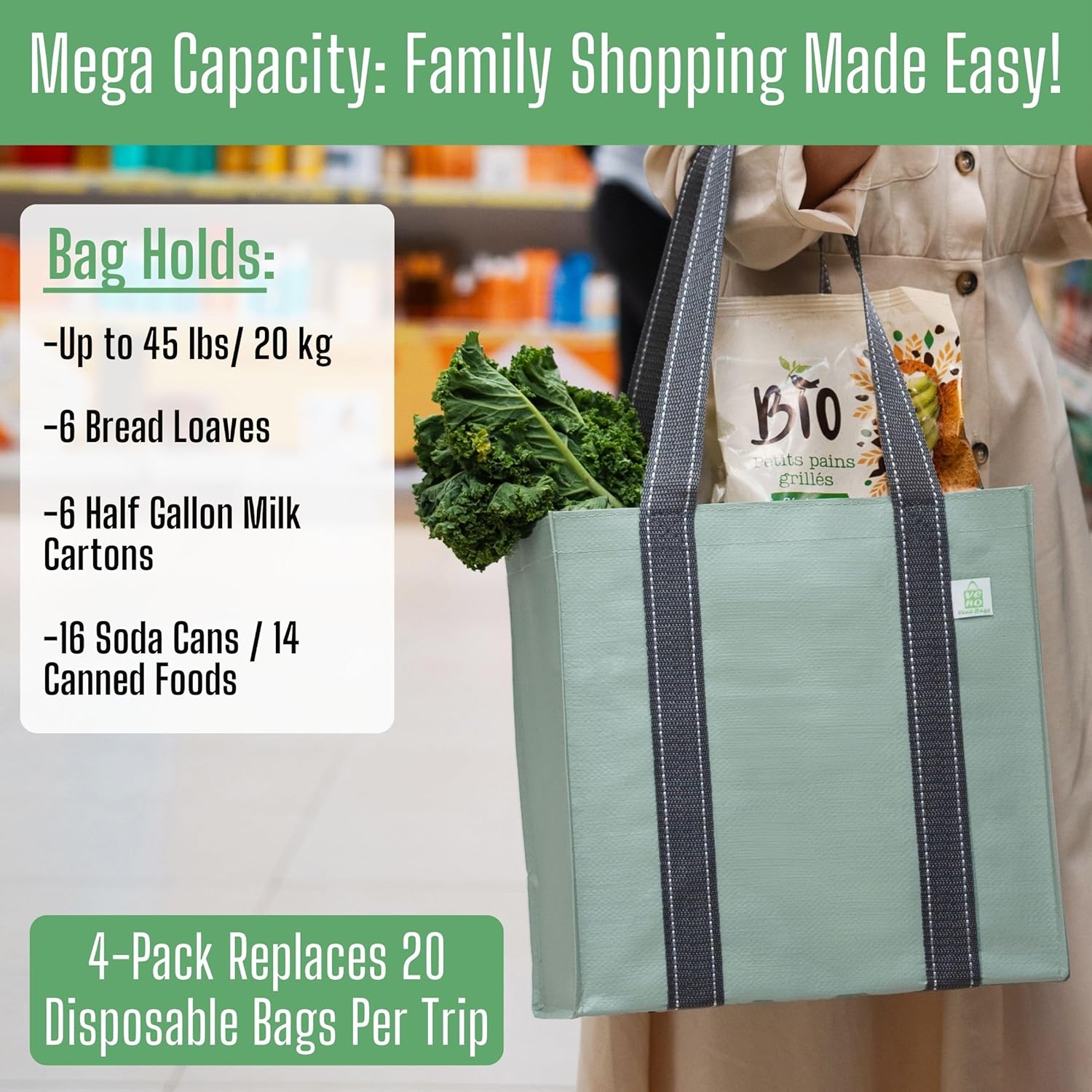 VENO 2-4 Pack Reusable Grocery shopping Bags, Medium Tote Bag w/Handle Hard Bottom, Heavy Duty, Foldable Carrier - Image 5