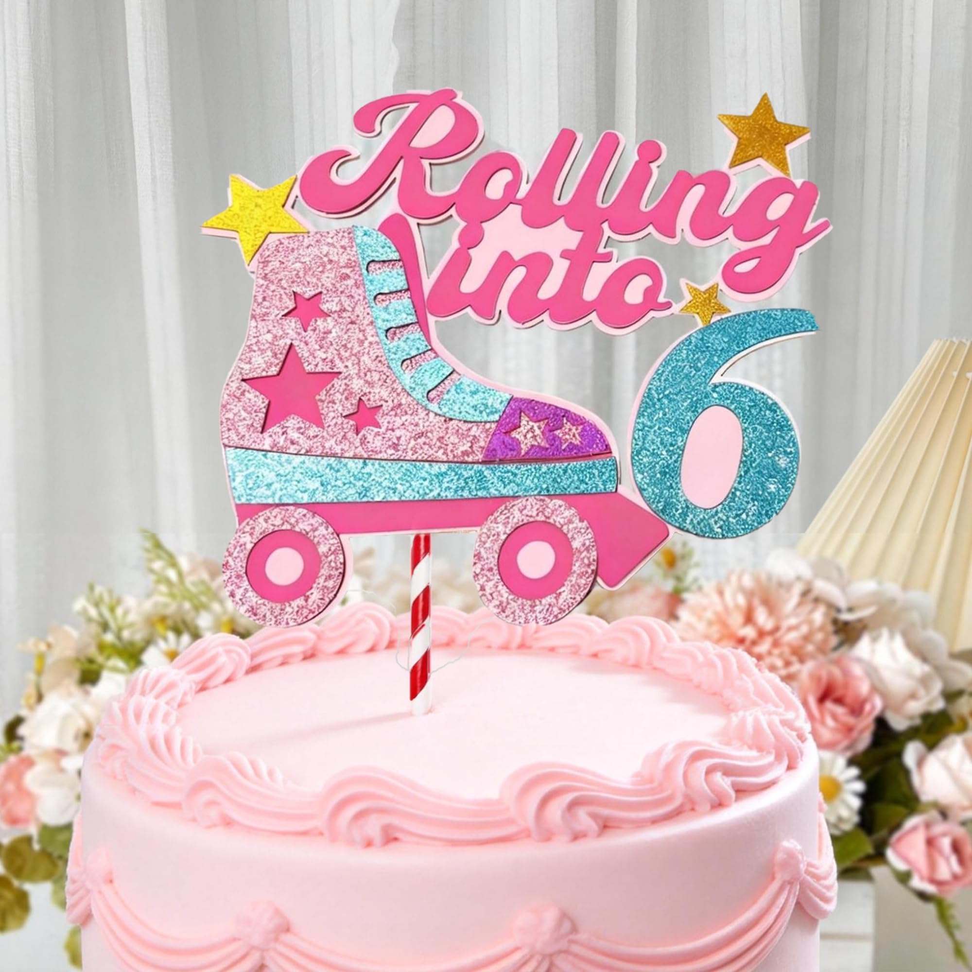 Rolling into 6 Theme Cake Toppers Happy 6th Birthday party 6 Year Old Birthday Decorations for Girls Roller Skate 6 Year Old Birthday Decorations for Girls