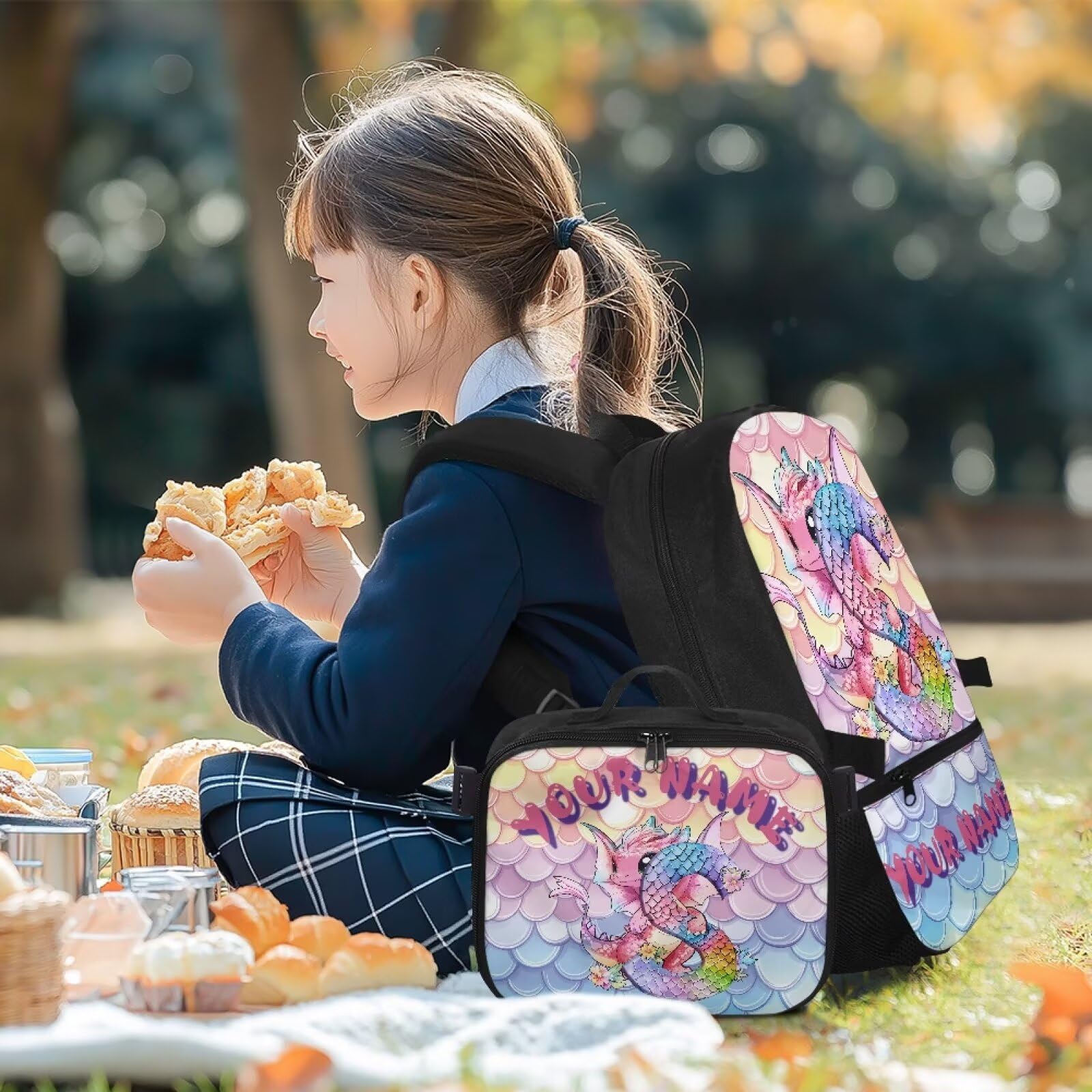 Mochila para niños con nombre personalizado con fiambrera, 2 unidades, preescolar, primaria, personalidad, mochila escolar