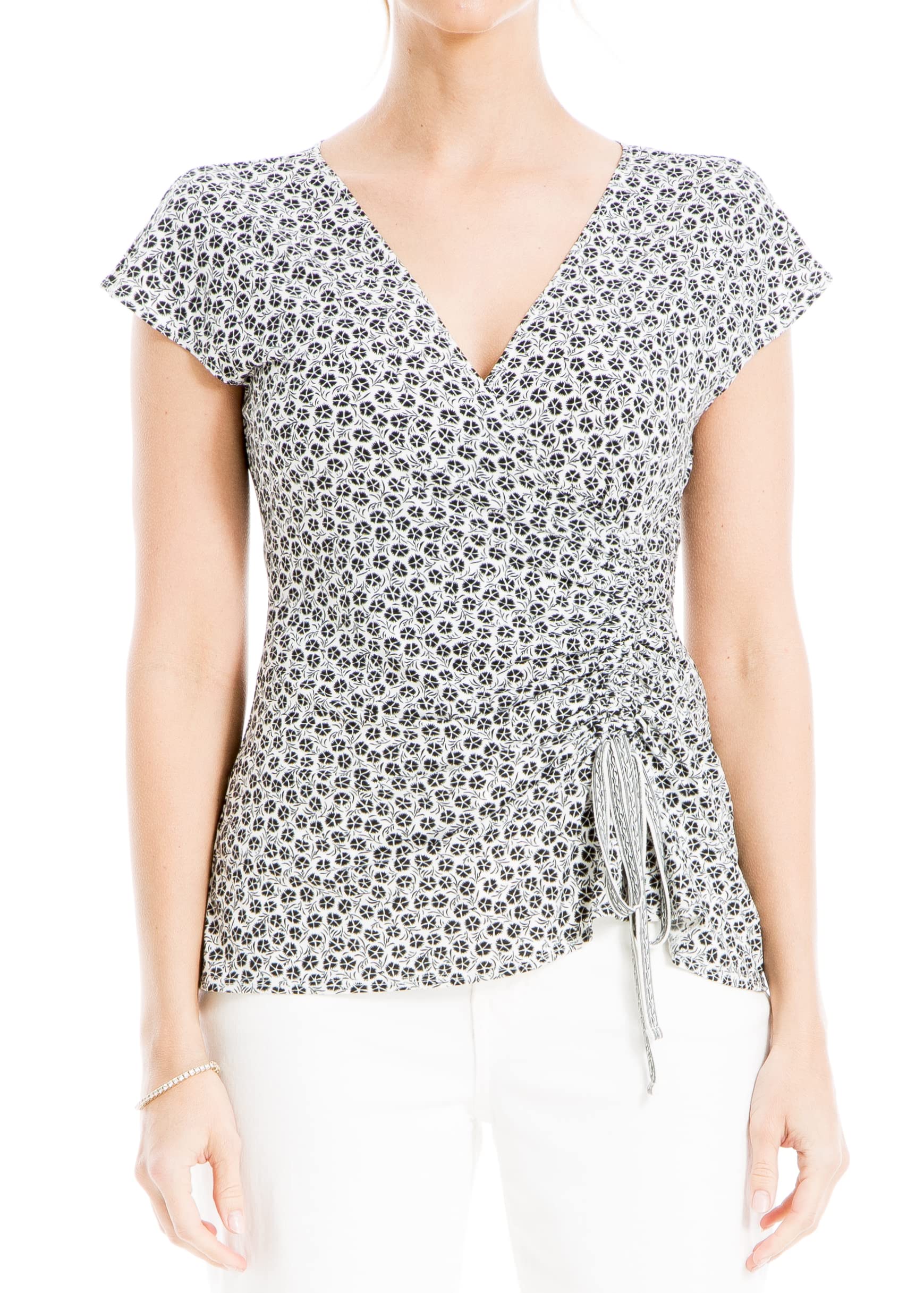 Max StudioWomen's Crepe Short Sleeve Faux Wrap Top