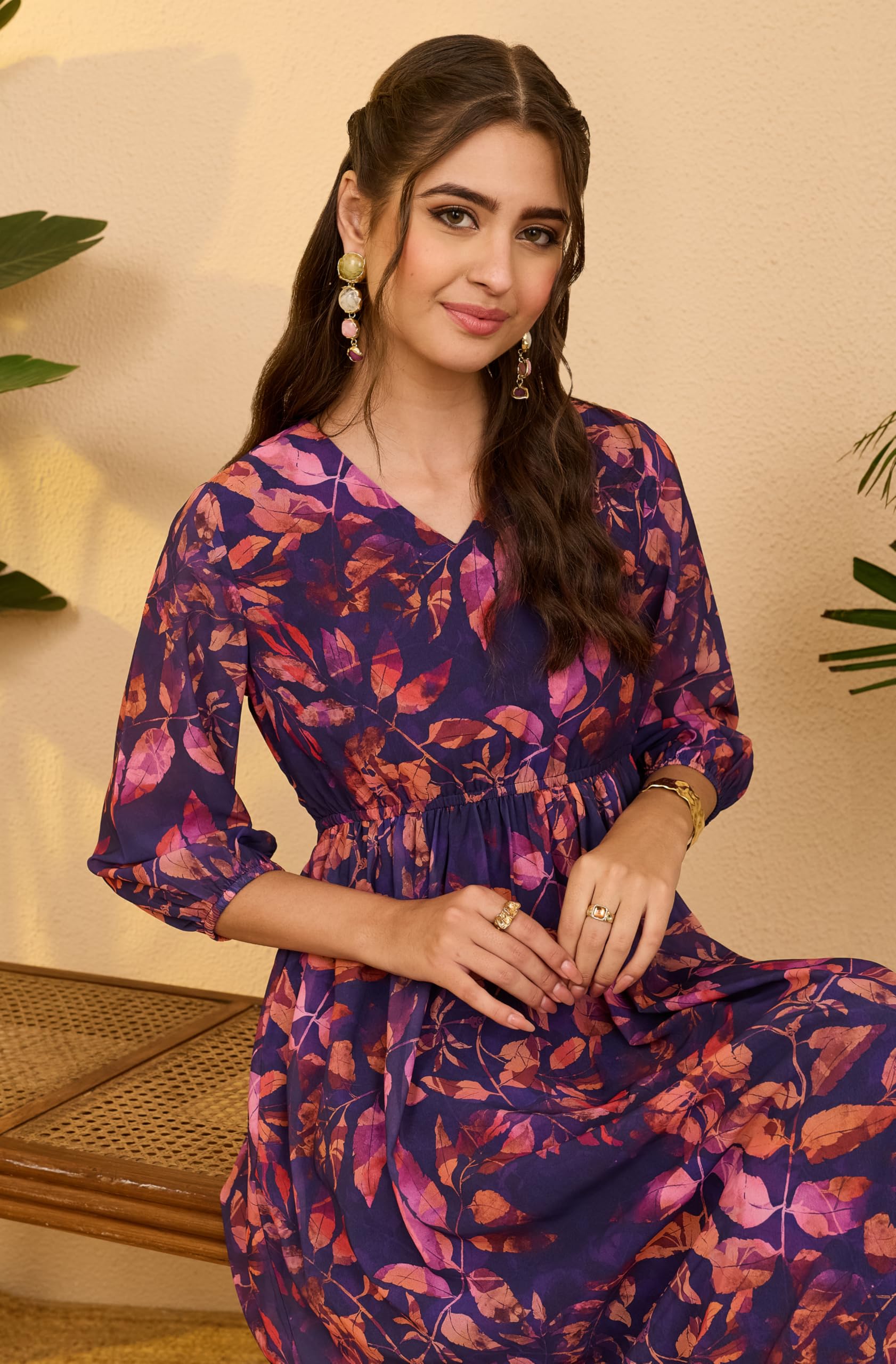 Janasya Abito da donna in georgette viola con stampa botanica