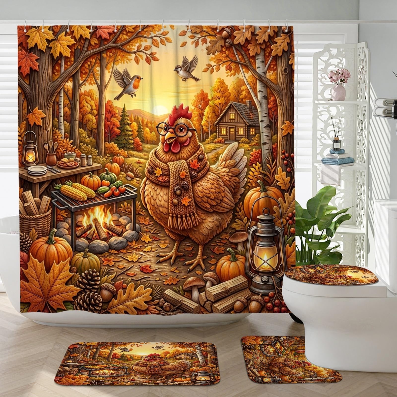 Accessoires de salle de bain poules d'automne avec 3 tapis antidérapants 183x183 cm