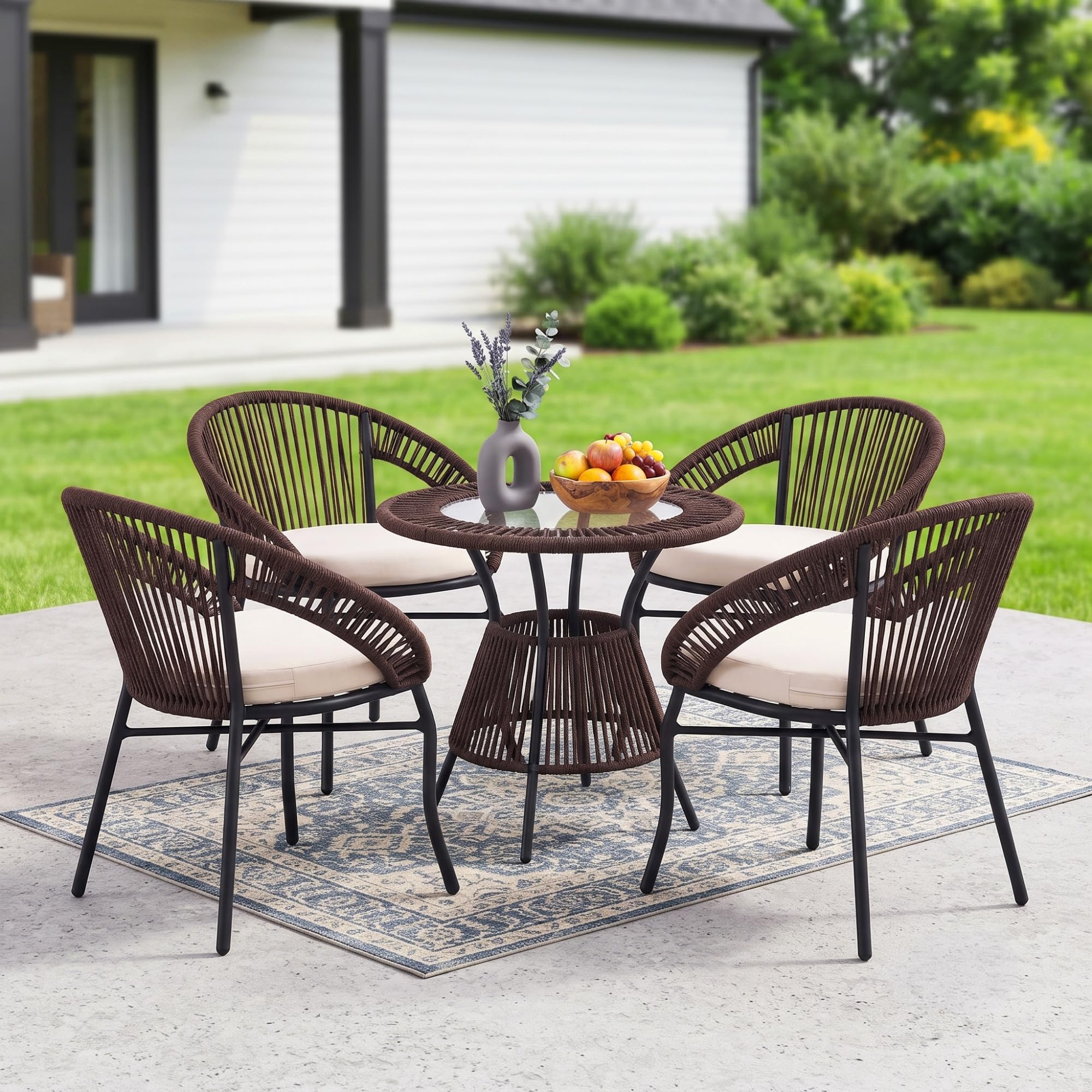DEVOKO Outdoor 4-Seater Patio Rope Conversation Set with Glass Top Table, Powder-Coated Metal Frame & Water-Resistant Cushions for Balcony, Garden, Terrace (Dark Brown & Cream)-image-33