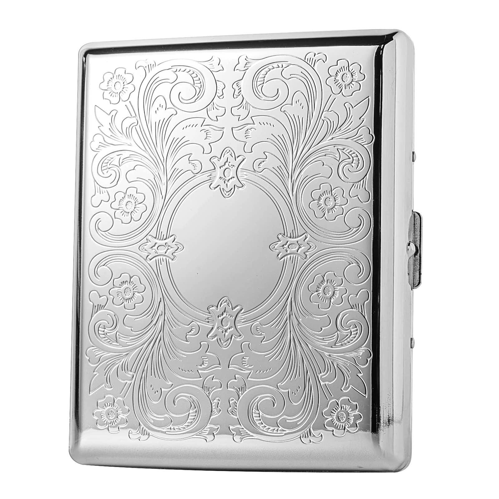 Metal Carry Cigarette Case, Double Sided Spring Clip,Holds 10 100mm Cigarettes (Pattern Silver)