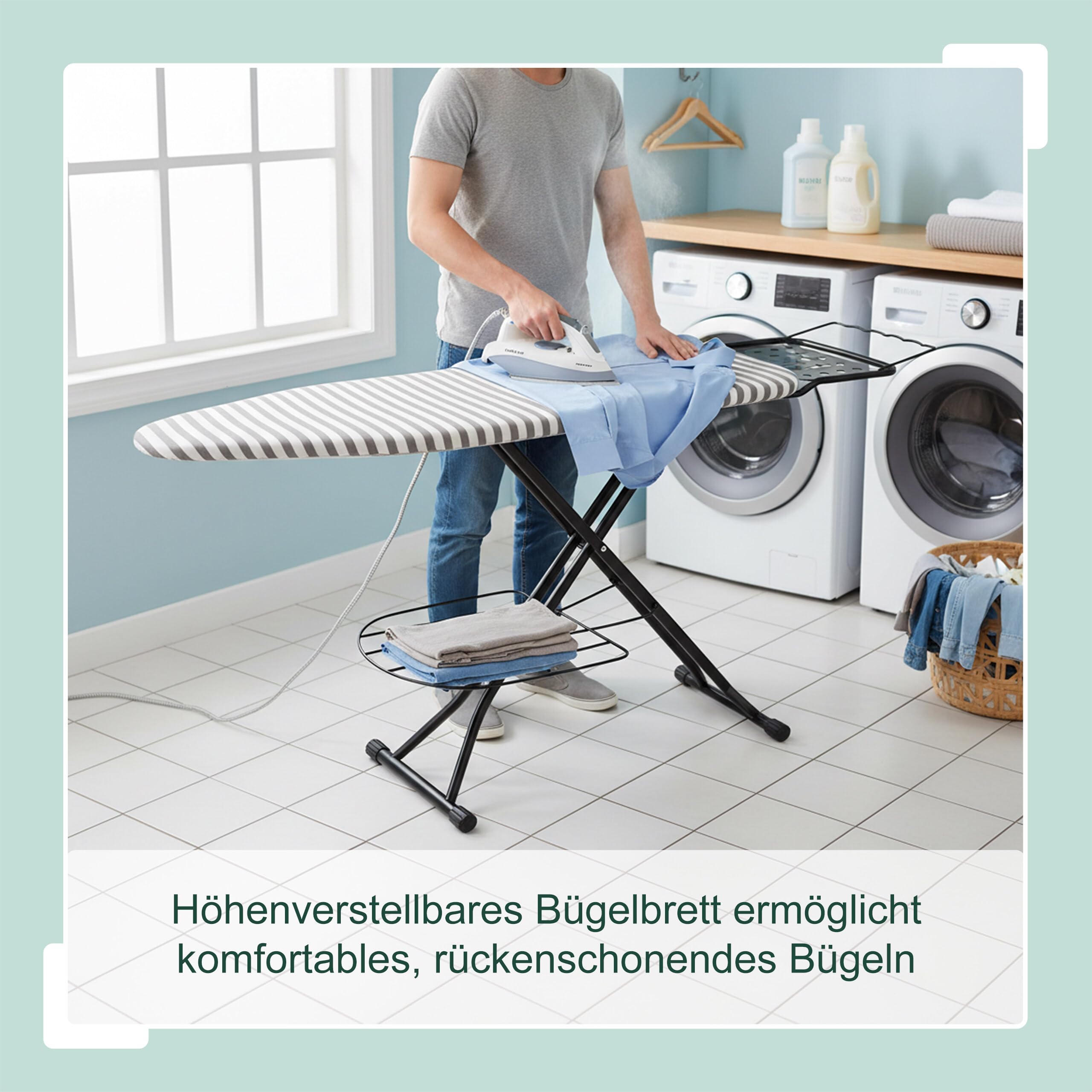 Relaxdays Bügelbrett für Dampfbügeleisen, 110x33 cm, höhenverstellbar, klappbar, Ablage, Bügeltisch gestreift, grau-weiß
