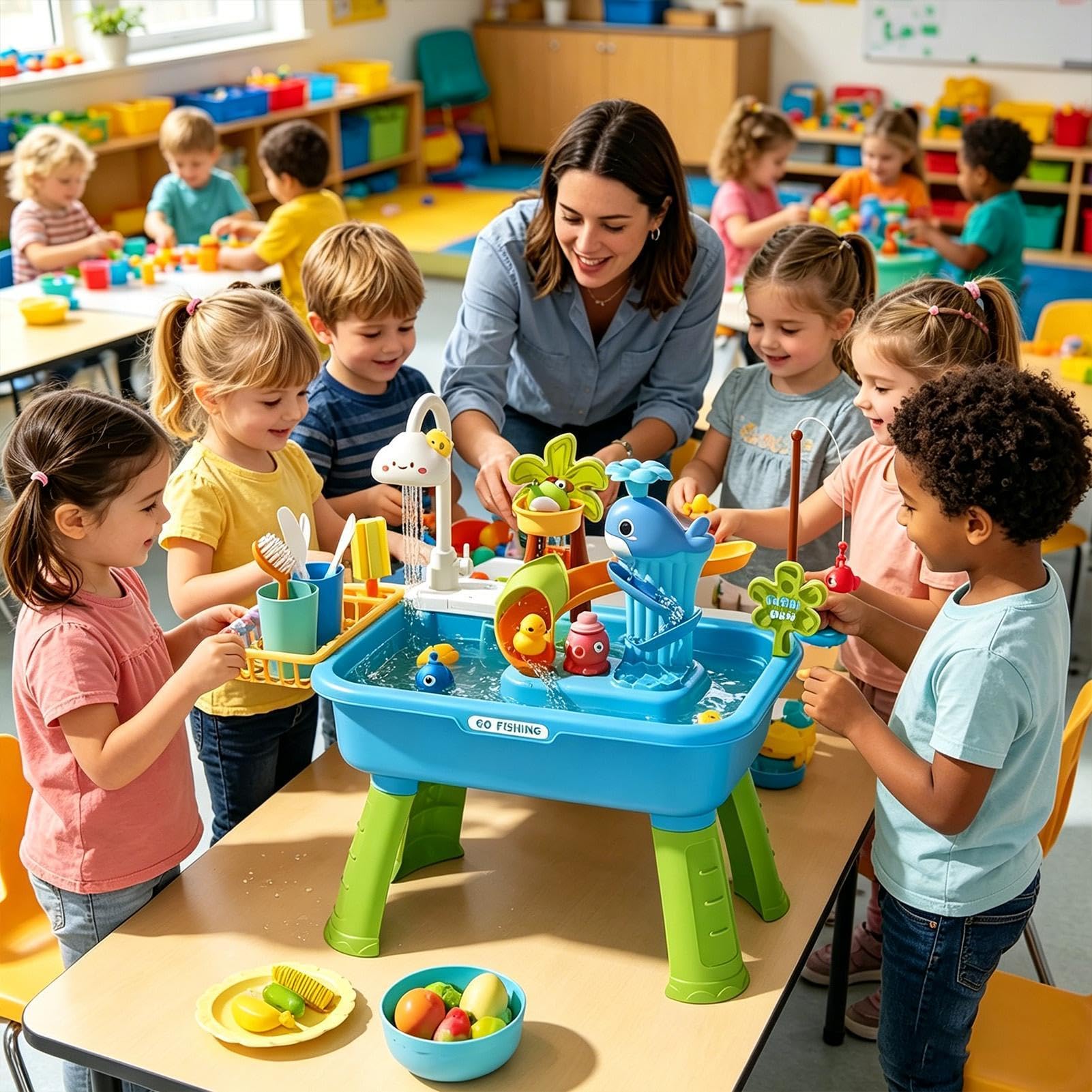 Stół Wodny Dla Dzieci Z Pompką Zabawki Edukacyjne | Letni Stolik Wodny Z Zabawkami Do Wędkowania Dla Chłopców I Dziewczynek Ogród Podwórko Trawnik Plaża Park Plac Zabaw