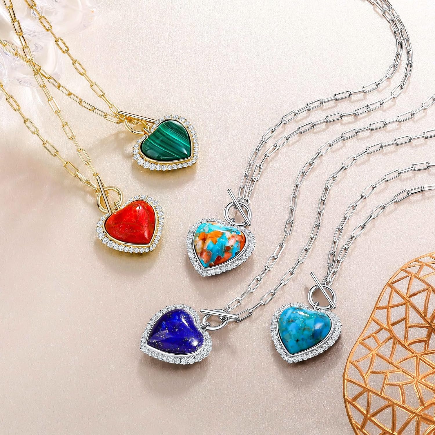 AIBAO 6-18 Cttw Genuine Turquoise/Red Coral/Lapis Lazuli/Malachite Halo Pendant for Women 925 Sterling Silver Paperclip Chain Necklace Western Jewelry - Image 7