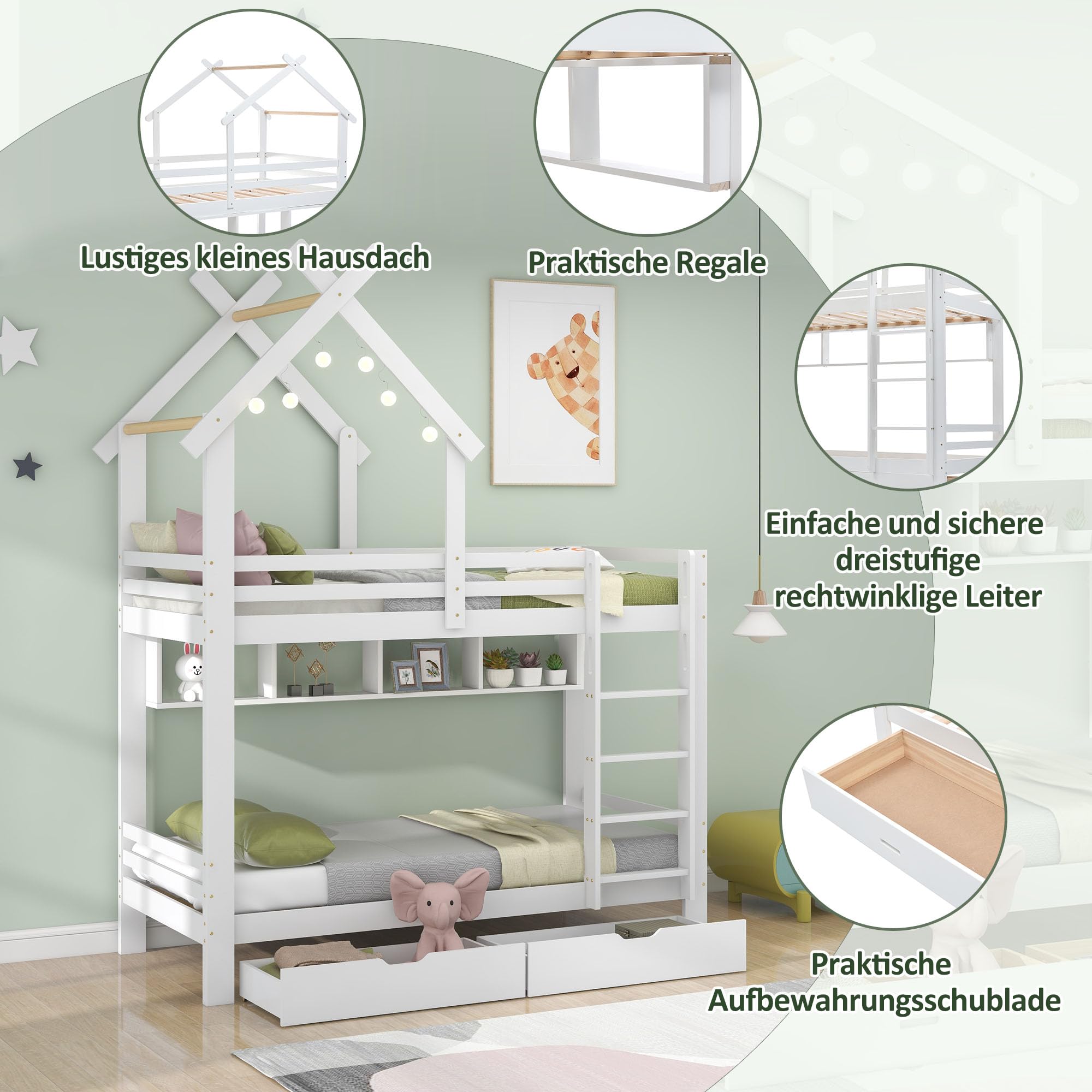 Stapelbed 90x200cm Met Uitschuifbaar Bed, Hoge Leuning, Stabiele Ladder Opbergruimte Wit 205x95x160 Cm