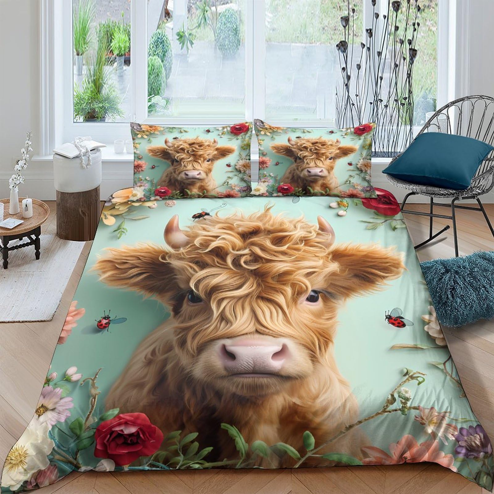 Ctjqhvkz Style-4 3D Printed Highland Cow Fitted Sheet Microfiber Soft Breathable Floral Meadow Bed Cover For Bedroom Dorm Mattress Decor Single（135X200cm）