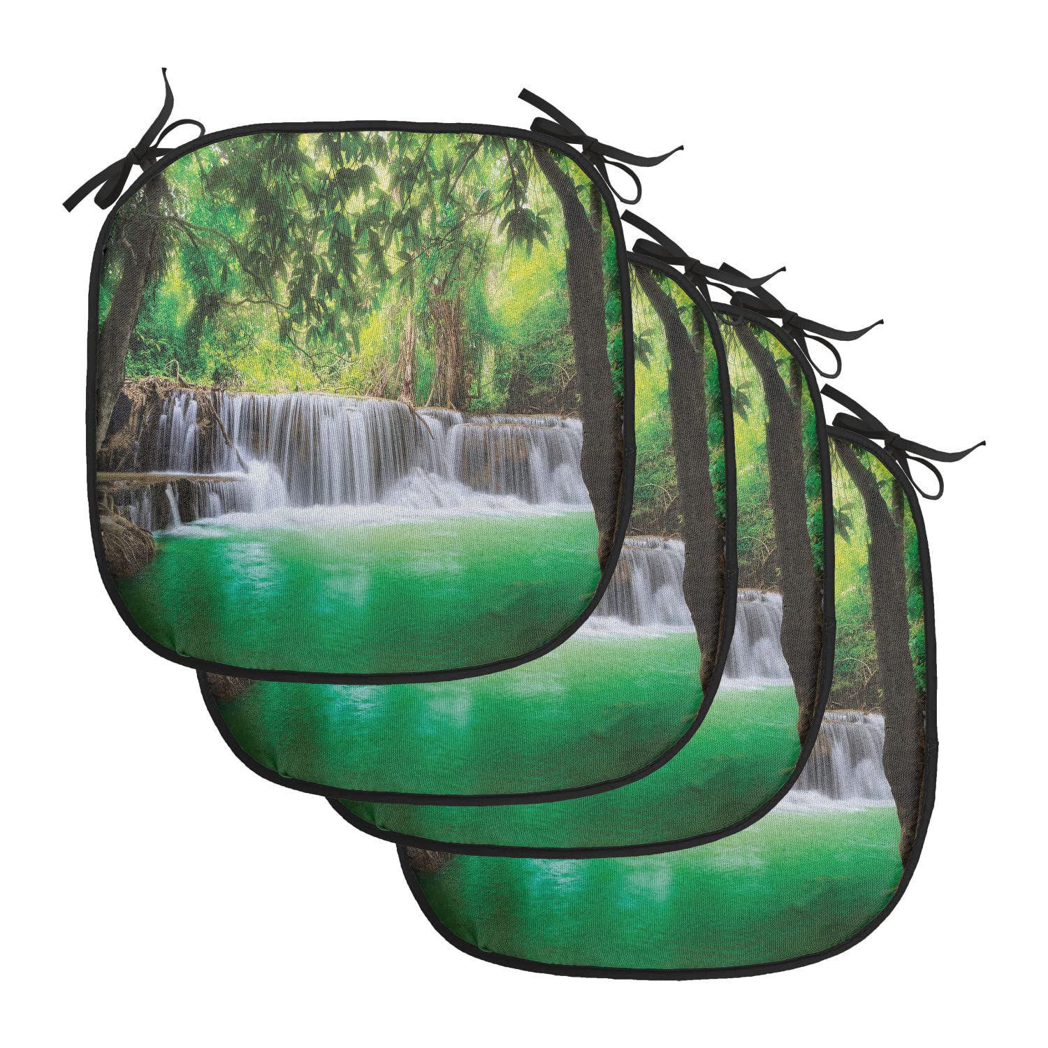 Lunarable Waterfall Chair Cushion Pads Set of 4, Waterfall in Tropical Forest Trees Thailand Kanjanaburi Sunny Day Image, Anti-Slip Seat Padding for Kitchen & Patio, 16"x16", Green Brown White