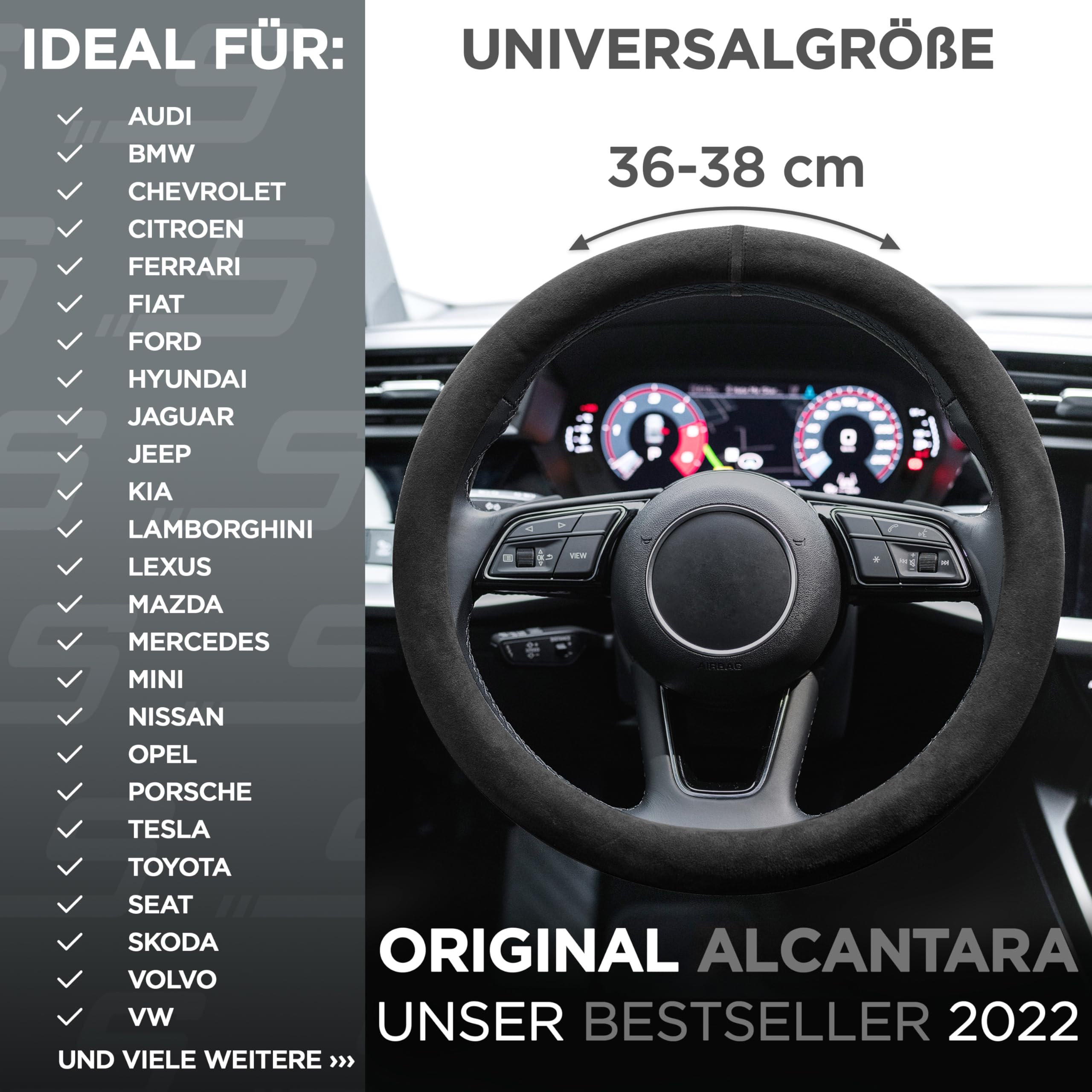 S-TETIC® Premium Lenkradbezug aus Alcantara | Schwarze 12-Uhr Markierung | Universalgröße 36-38 cm | Lenkradcover | für Sommer und Winter