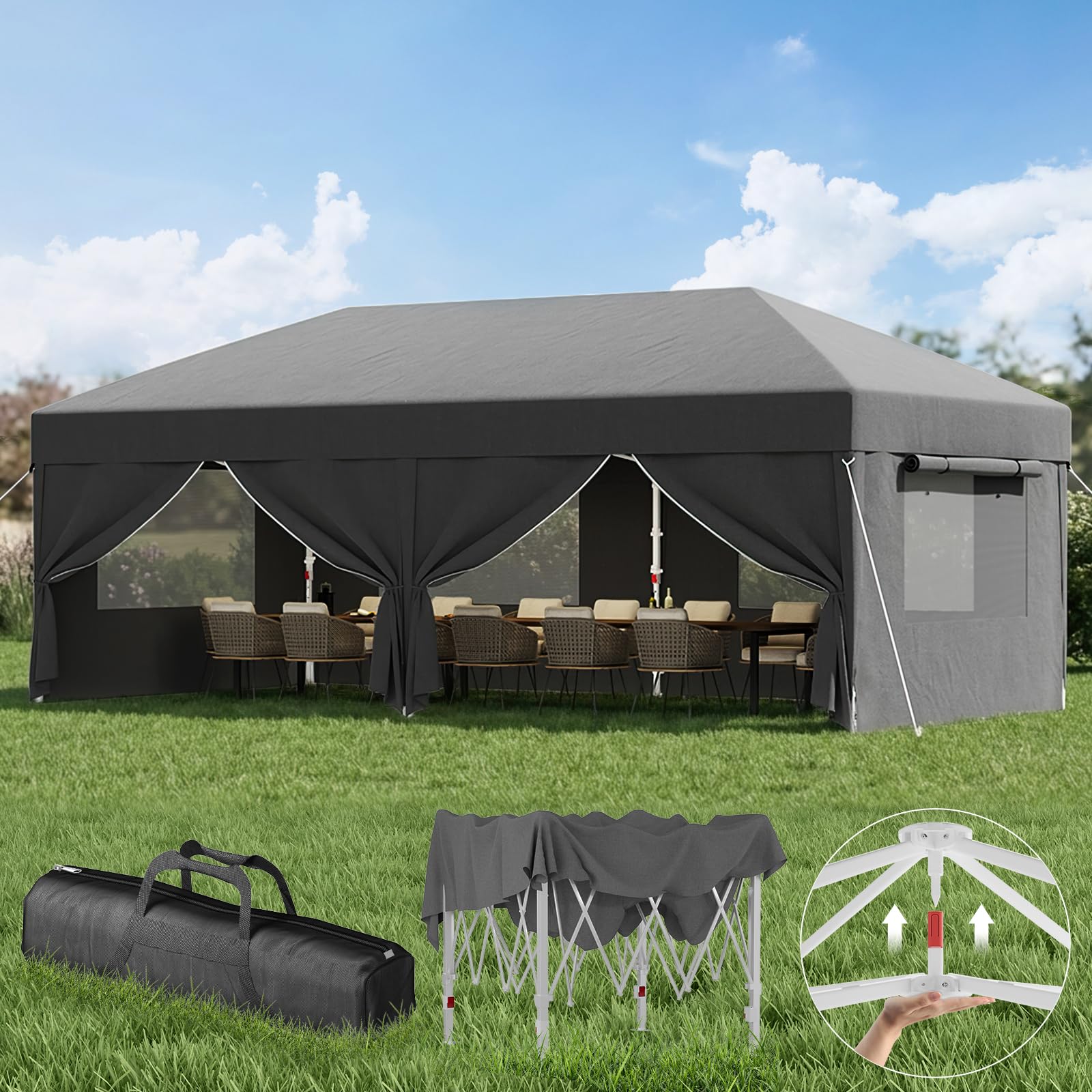 Devoko Tonnelle Pliante avec Fenêtre Moustiquaire Aérée, Tonnelle 3x6 Imperméable Stable, Tonnelle Pop Up avec Parois Latérales, Protection UV 50+, Tente de Fête pour Jardins, Camping (Gris)