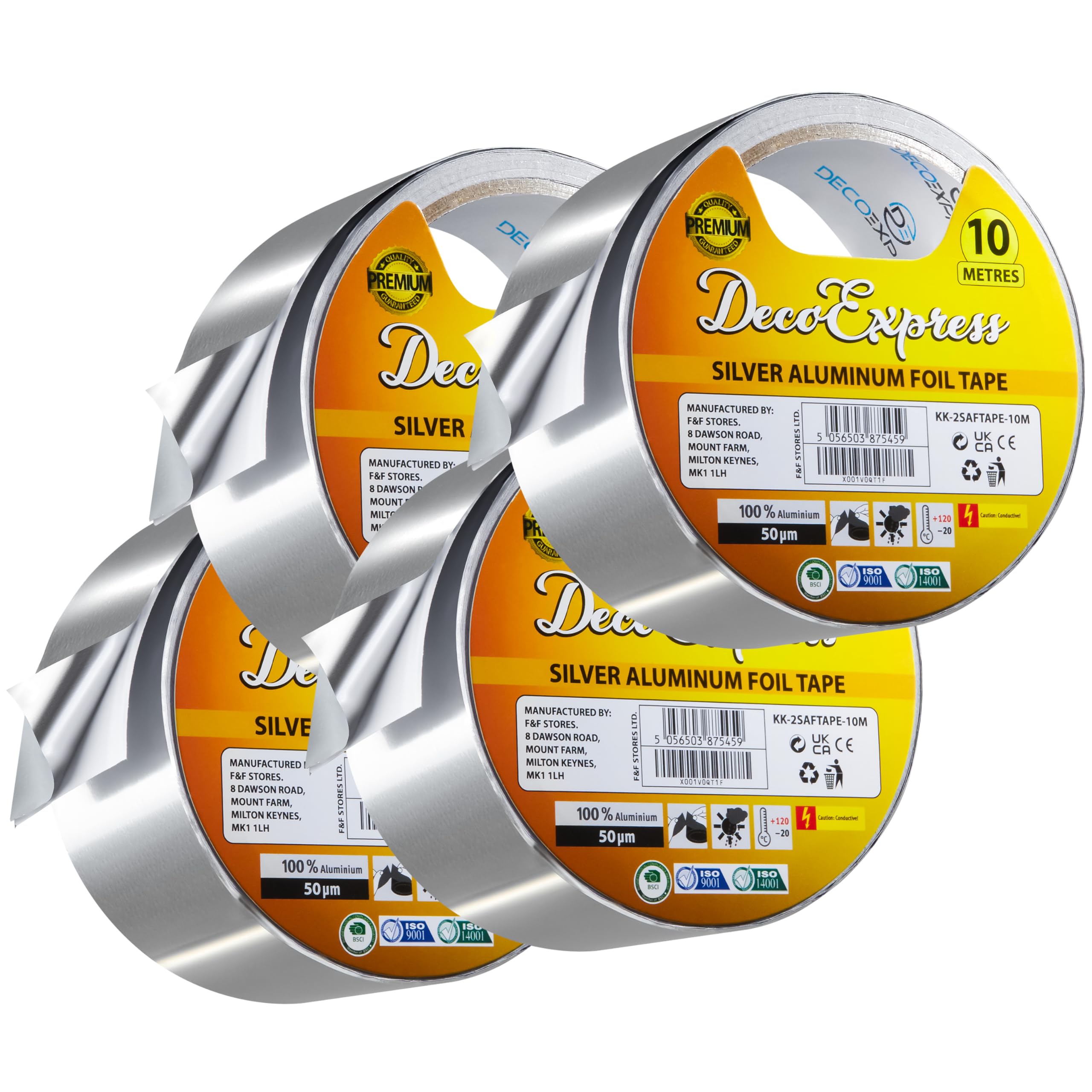 DECO EXPRESS Aluminium Foil Tape Adhesive Insulating Sealer 4.5cm x 10m/25m/50m Heat Resistant Waterproof Insulation Tape (10 M, 4 Pcs)