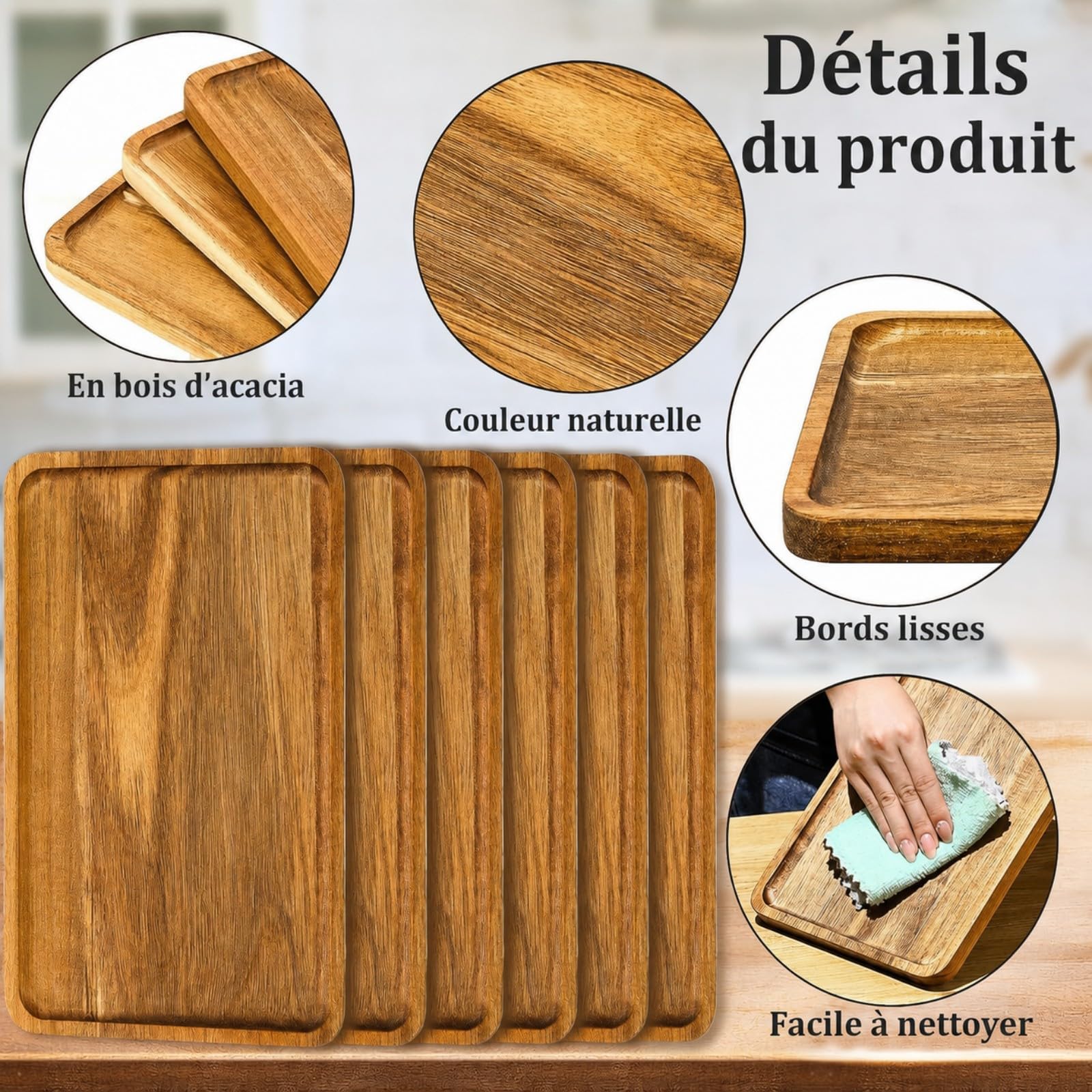 Lot de 6 Plateaux de Service Rectangulaires en Bois d'Acacia, 30 x 20 cm Grand Plateau de Présentation en Bois Naturel, Planche à Fromage et Charcuterie pour Apéritif, Dessert, Fruit, Snack
