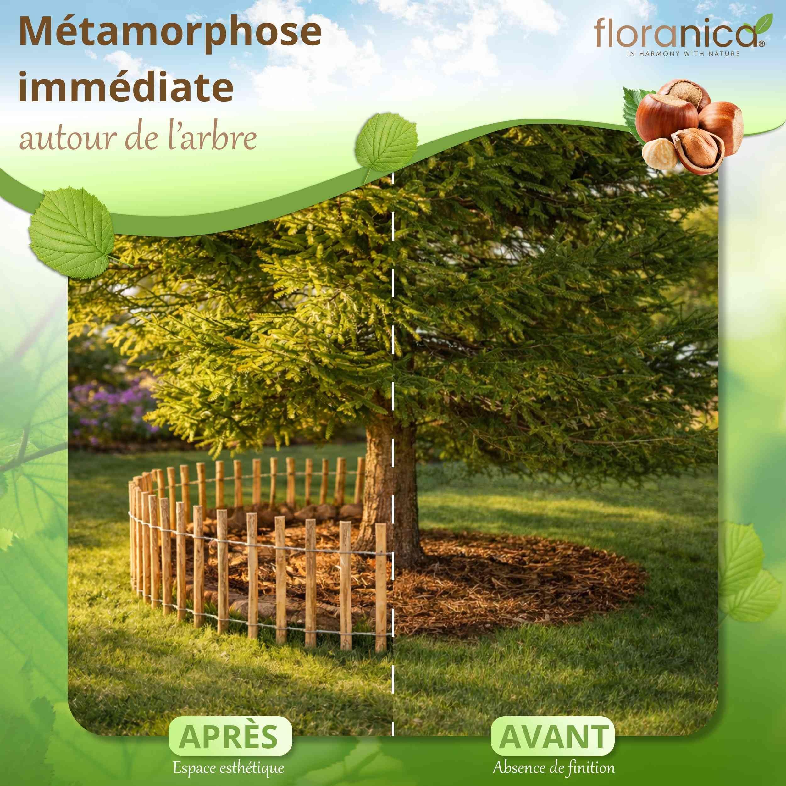 Floranica clôture en noisetier châtaignier 10 m x 50 cm de hauteur, écart entre les lattes 8-10 cm, bordure de jardin