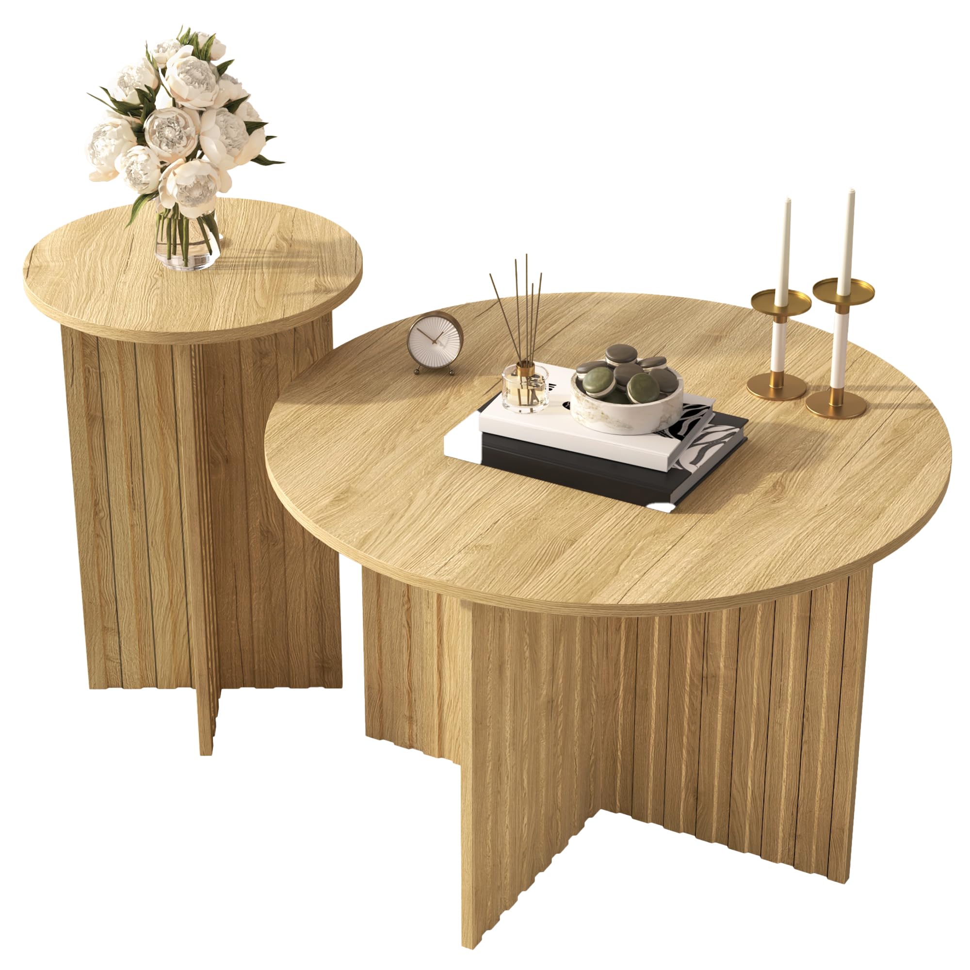Moderno juego de mesa nido de madera de 2 piezas – Mesas de centro redondas y mesas de café con diseño escandinavo, ahorro de espacio y versátil (natural)