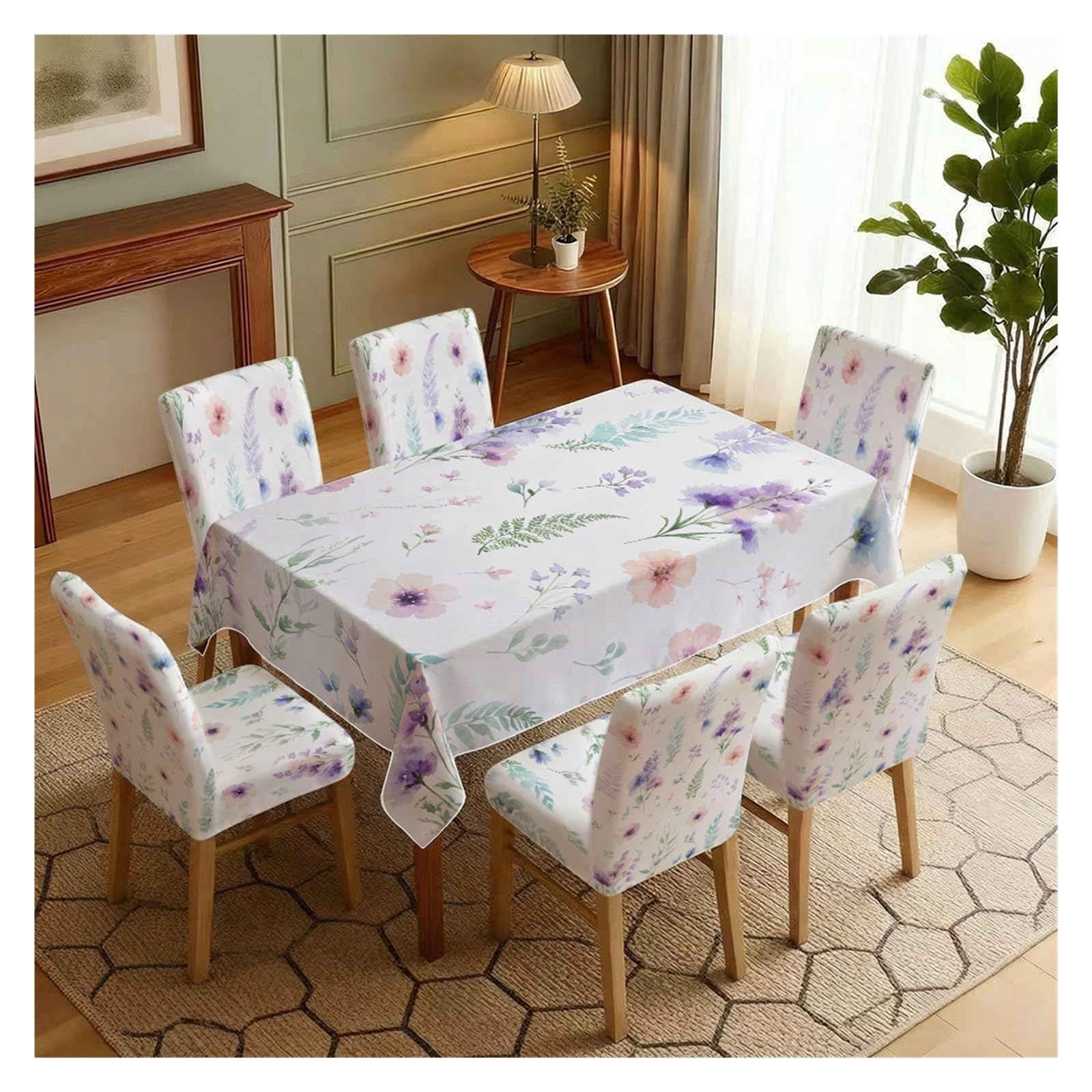BOSUYBN Watercolor Pink & Purple Wildflower Print Dining Tablecloth And Chair Covers Set, 5/7 Pack Botanical Slipcover For Dining Room Kitchen Table Setting(7pcs Set: Tablecloth+Chair Covers)