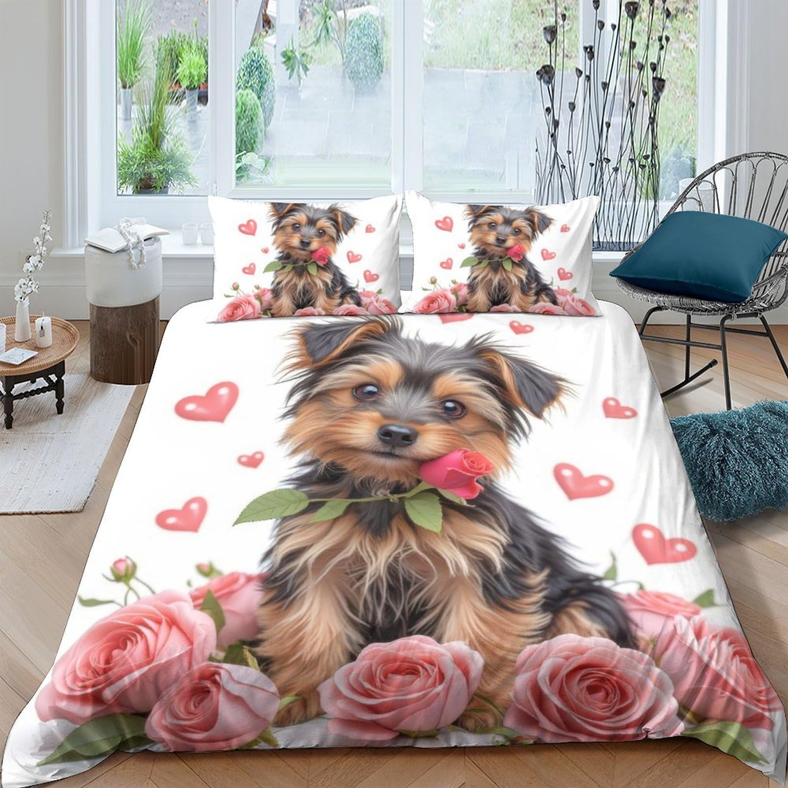 GPLZQXKJNH 3D Printed Cute Yorkshire Terrier Duvet Cover Set Microfiber Breathable with Roses Hearts, 2 Pillowcases, Bedroom Decor Single（135x200cm）
