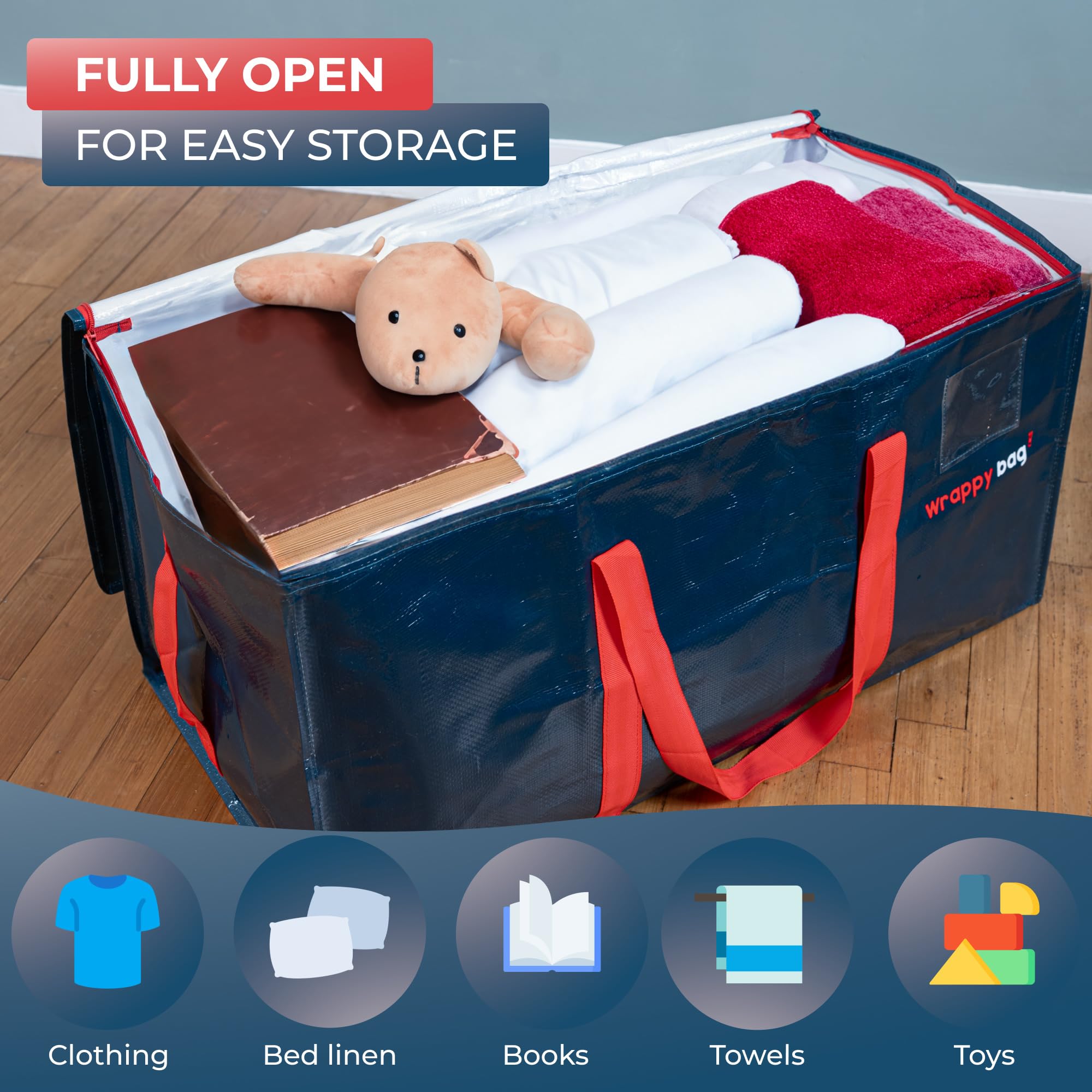 WRAPPYBAG Set di 6 Borse in Plastica Grandi – Borse XXL per Traslochi e Viaggi – Robusta, Spessa e Impermeabile con Manici Rinforzati – per Vestiti e Biancheria da Letto – 75 x 36 x 38 cm