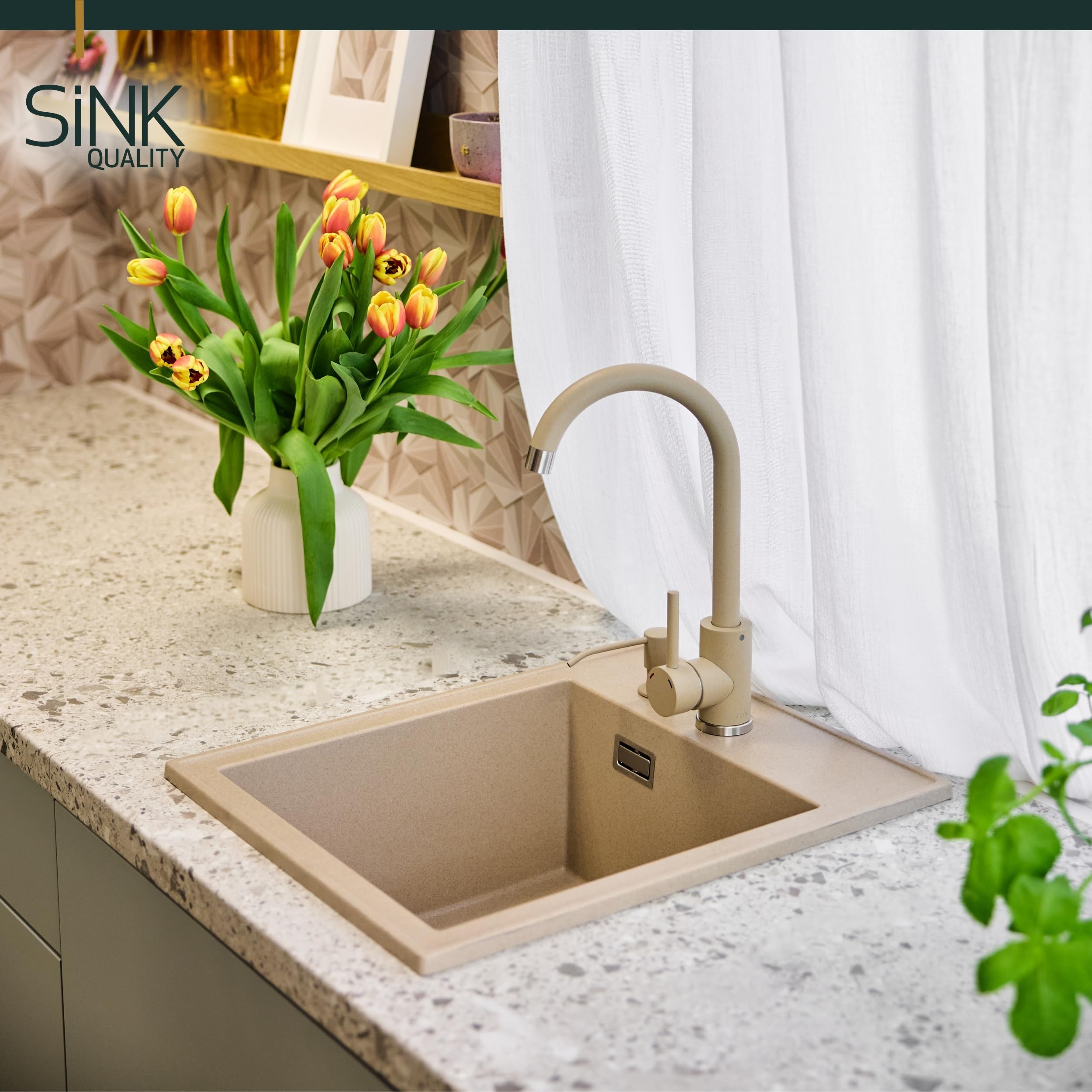 SINK QUALITY Lavello Beige 40x50 cm in granito beige con sifone e impregnazione, lavello senza scolapiatti, piccolo lavello per cucina per armadi bassi a partire da 40 cm di larghezza