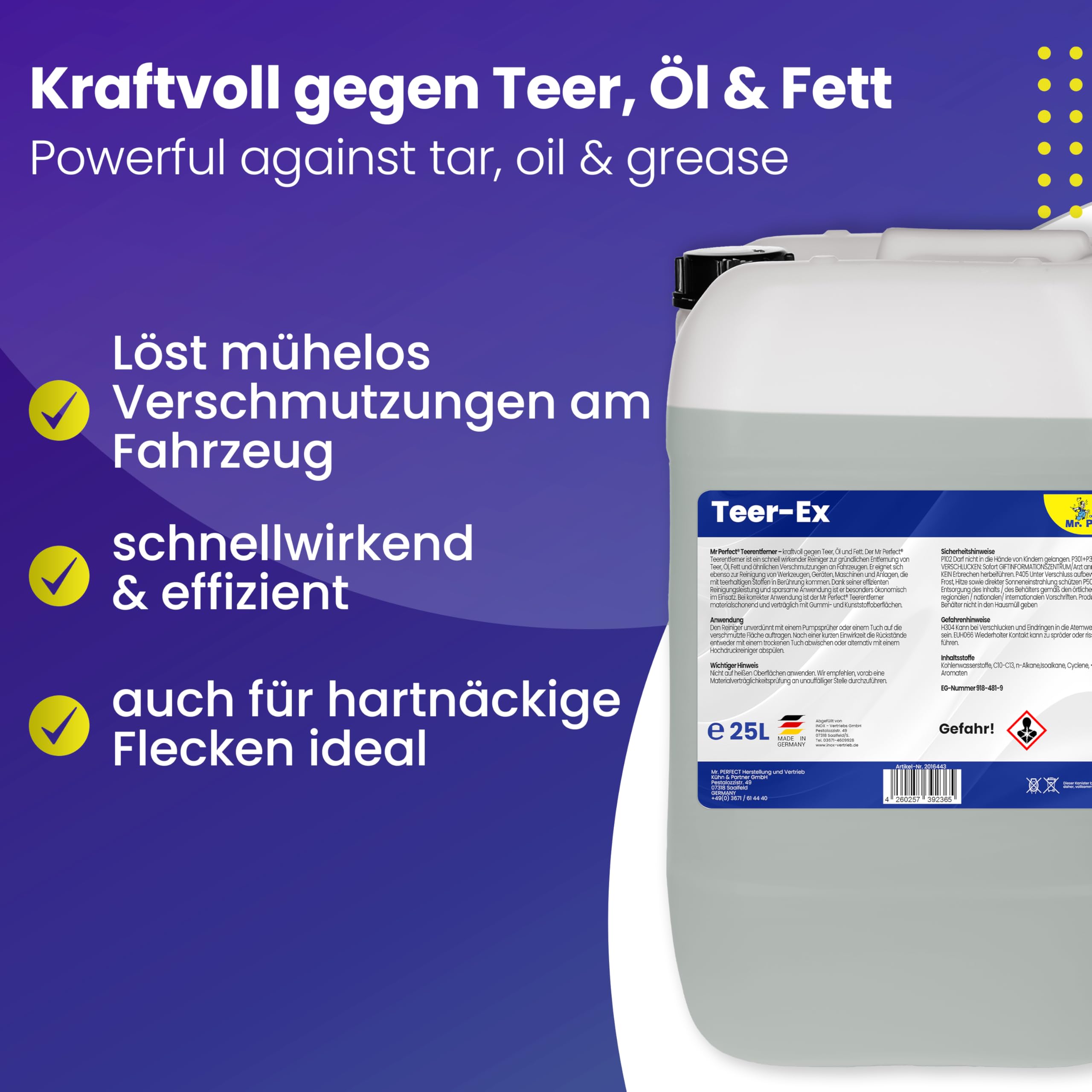 Mr. Perfect® Professioneller Teerentferner Auto - 25L I Bitumen Entferner - Entfernt effektiv Teer, Bitumen, Öl & Fett I Baumharzentferner - Teer Entferner für Auto, Wohnmobil, Werkzeuge & Mehr