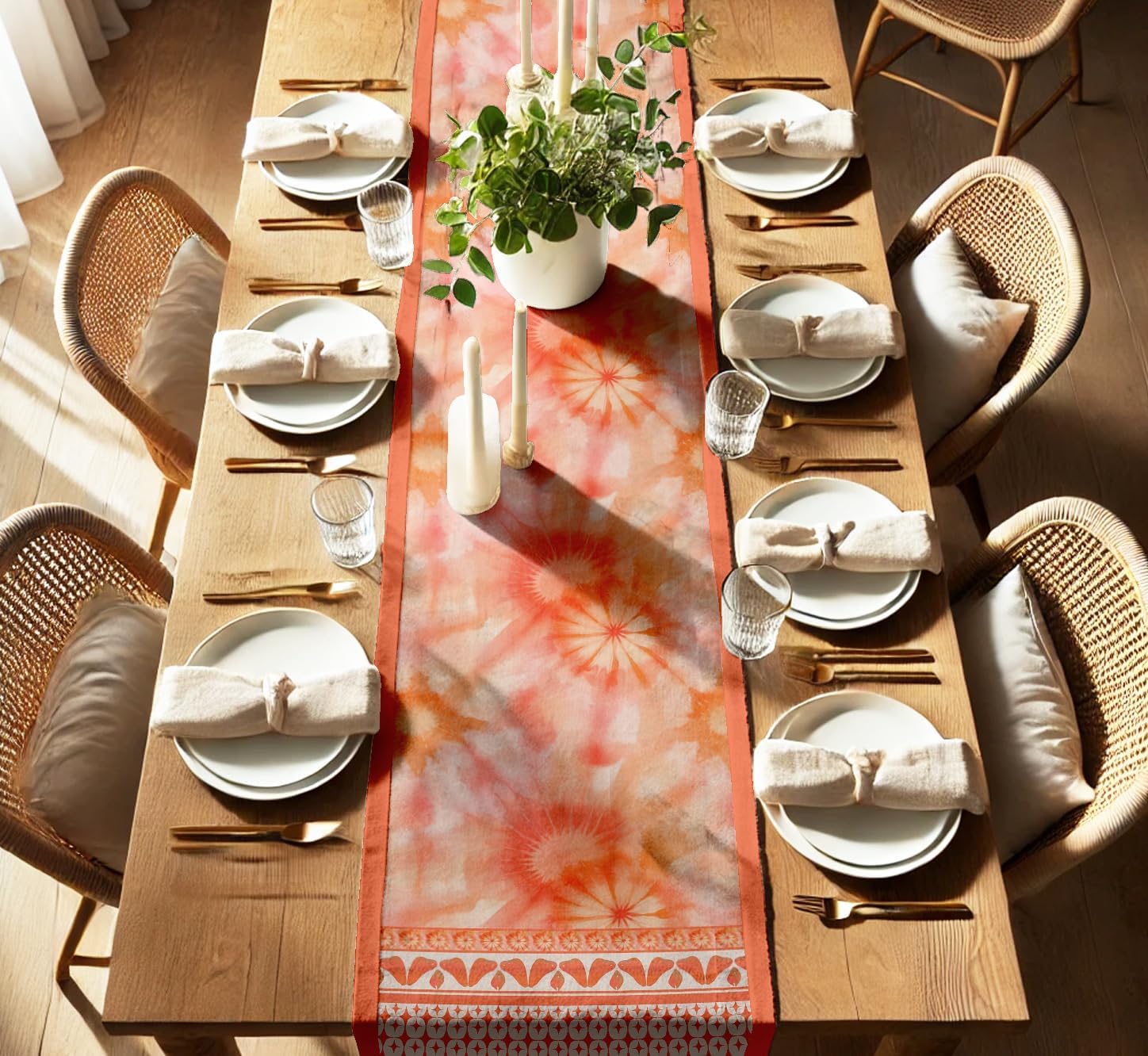 Premium Cotton Table Runner - Lightweight Double Layer - Border Design - Machine Washable Farmhouse Table Decor - Tie & Dye