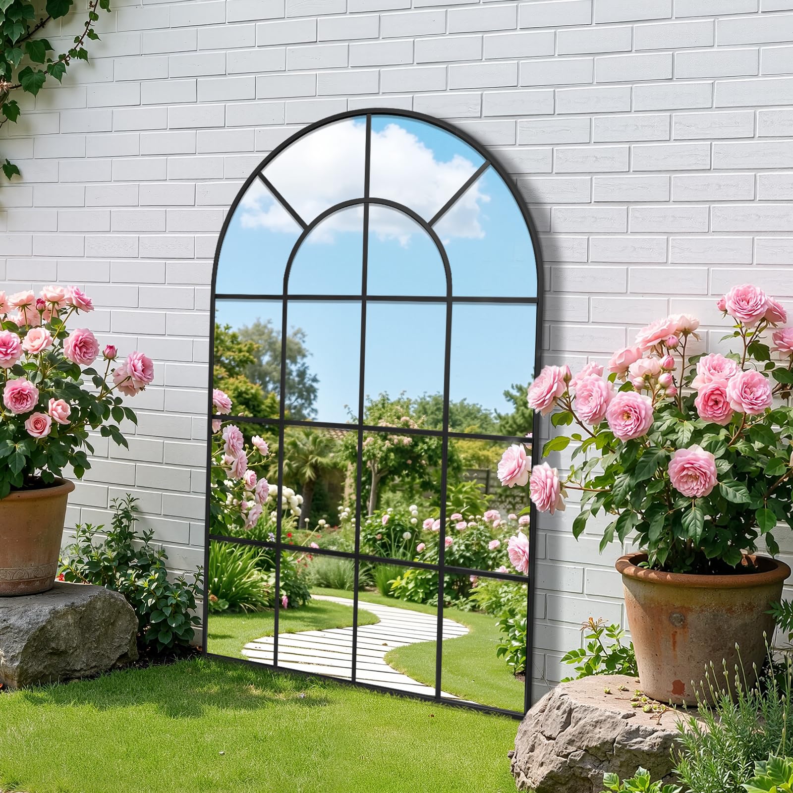 Reflix Specchio da giardino, 100 x 75 cm, specchio da parete decorativo, specchio per finestra con telaio in alluminio, per corridoio, soggiorno, camera da letto, ingresso, nero