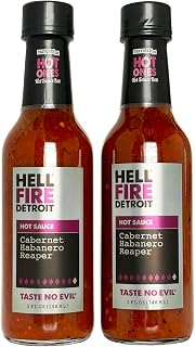Hell Fire Detroit Cabernet Habanero Reaper Hot Sauce (Extra hot), Crafted with Fresh, Fire-Roasted Habanero and Carolina Reaper Chile Peppers, All-Natural, Vegan, Gluten-Free, Low Sodium – 5 Fl Oz (Pack of 2)