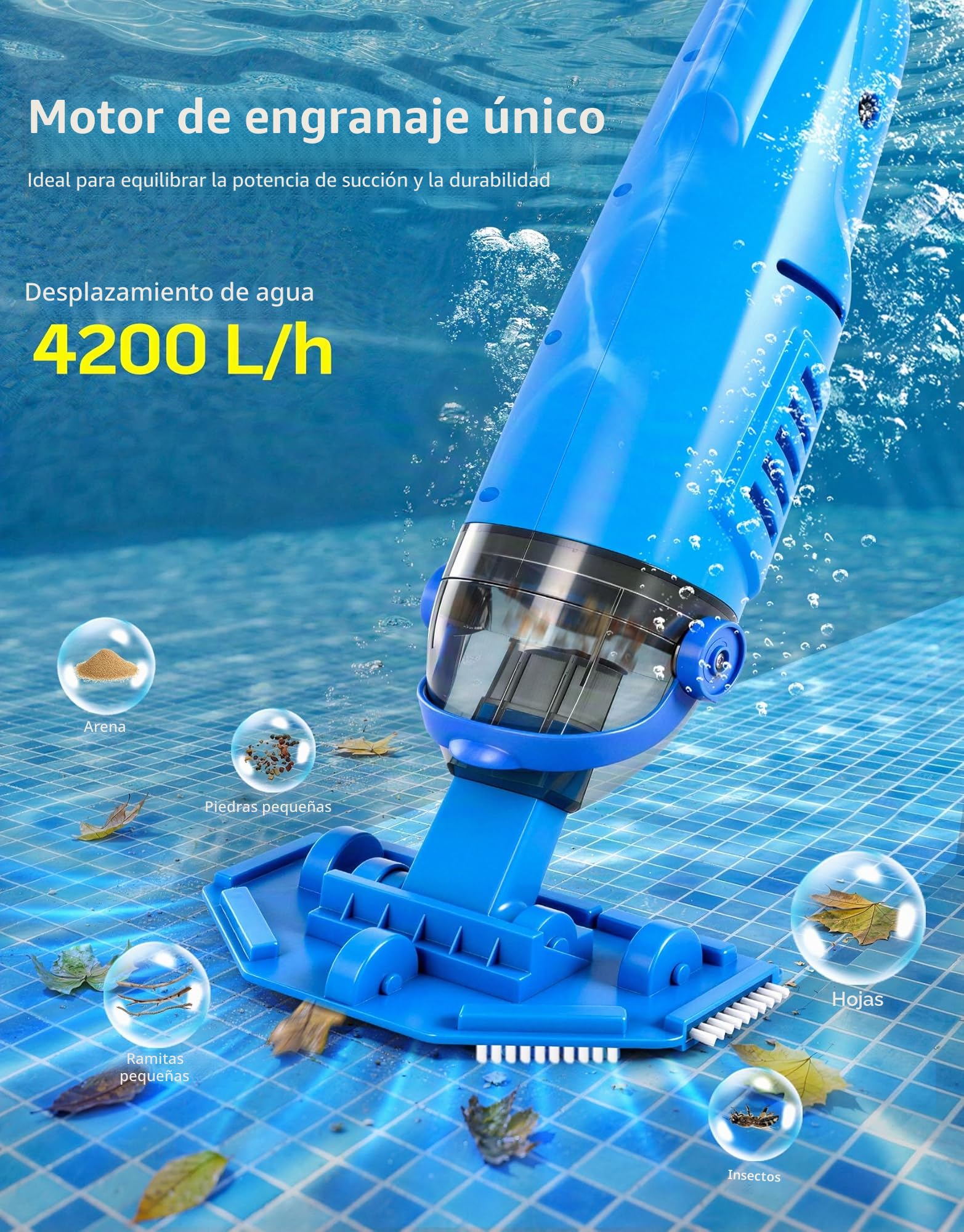 LanBlu Aspirador Piscina Bateria, 2.5m Aspiradora Piscinas Fondos con Varilla Telescópica de Hasta, 4200L/H Aspiradora para Piscinas con 4 Filtros, Diseño Anti-retorno Limpiafondos Piscina Inalambrico