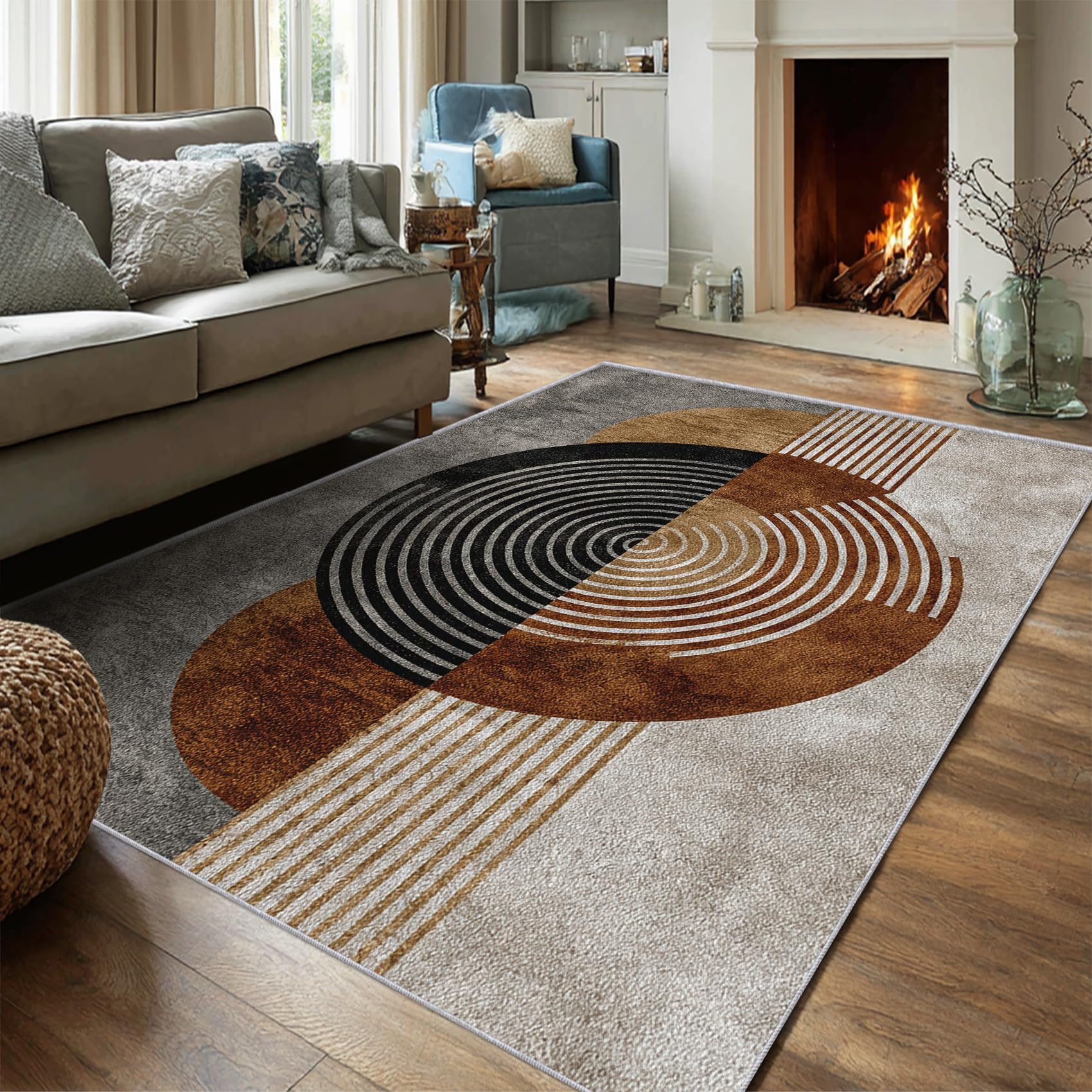 Générique Tapis Salon Mid Century Modern 140x200, Decoration de Chambre Motif Géométrique Rétro, Tapis Lavable en Machine, Doux Antidérapant Poil Ras Grand Carpet CV63