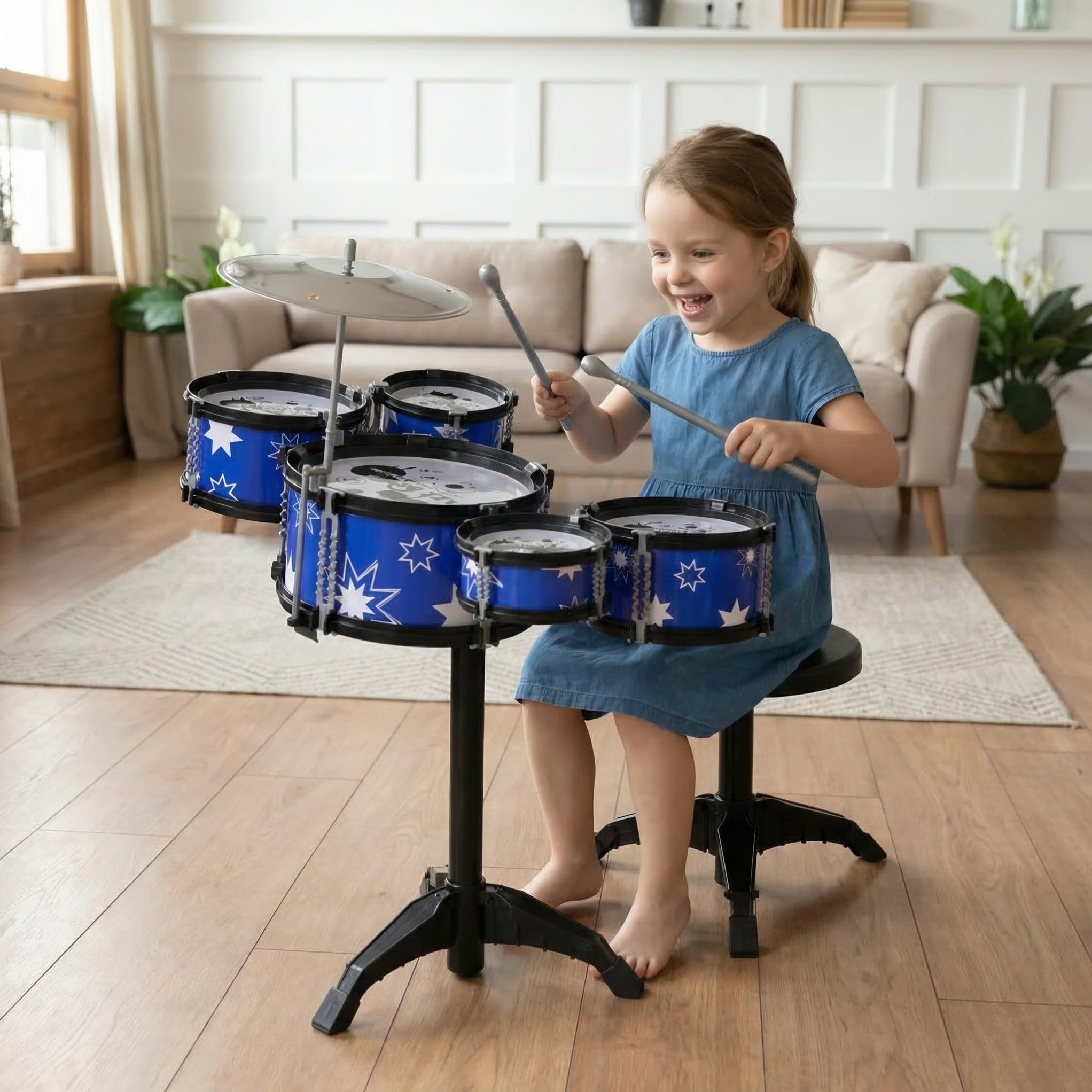 Batteria Jazz Per Bambini Piccoli Set Da Gioco Per Principianti Sgabello 21 Pollici Strumento Musicale a Percussione Educativo Per Sviluppare Senso Del Ritmo e Creatività