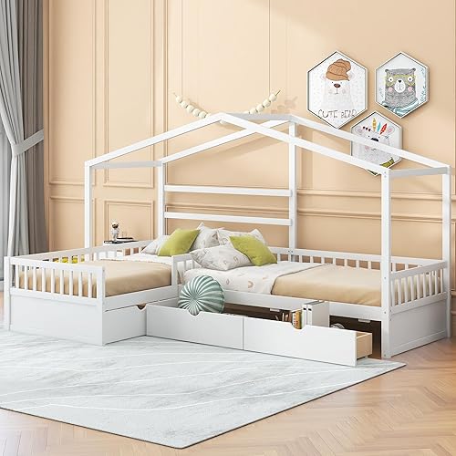 Bellemave L-Shape House Beds with Storage Drawers Two Twin Size Platform Bed Fence Railings Wood Corner Frame Montessori Decorative Panels Tent for Kids Boys Girls Teens, White