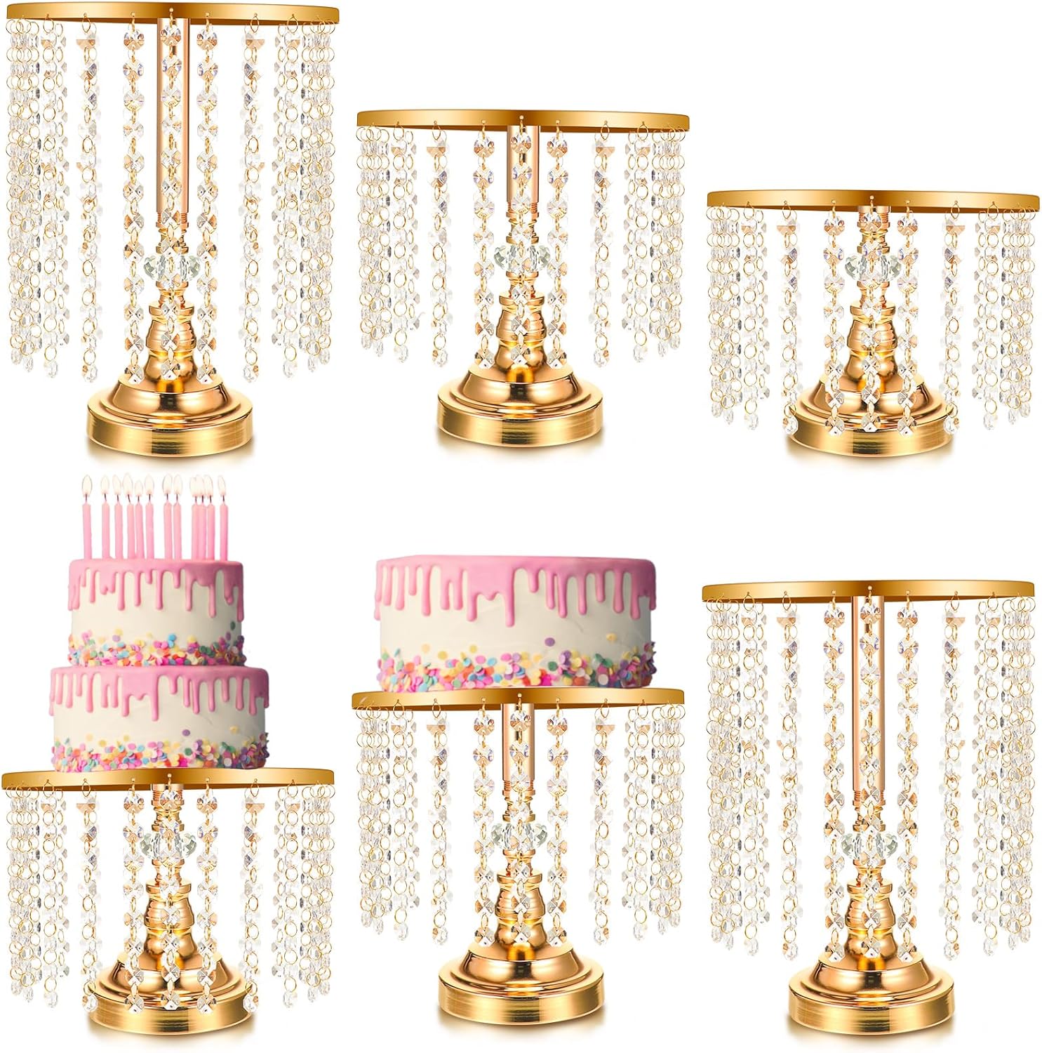 Bokon 6 Pcs Crystal Gold Cake Stand Round Dessert Cupcake Holder Metal Stand Table Cake Pedestal with Crystal Pendant and Wedding Bead Dessert Cupcake Pastry Display Plate for Wedding Birthday Party