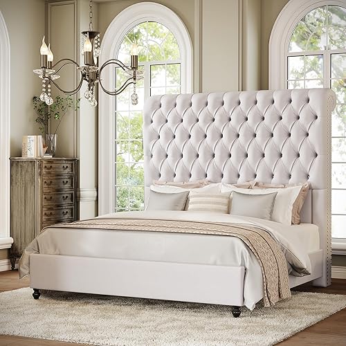 AMERLIFE King Size Bed Frame and Headboard with 59" Tall Sleigh Design, Luxury Velvet Upholstered King Bed Frame with Handcrafted Deep-Tufted and Solid Wood Legs, No Box Spring Needed,Cream