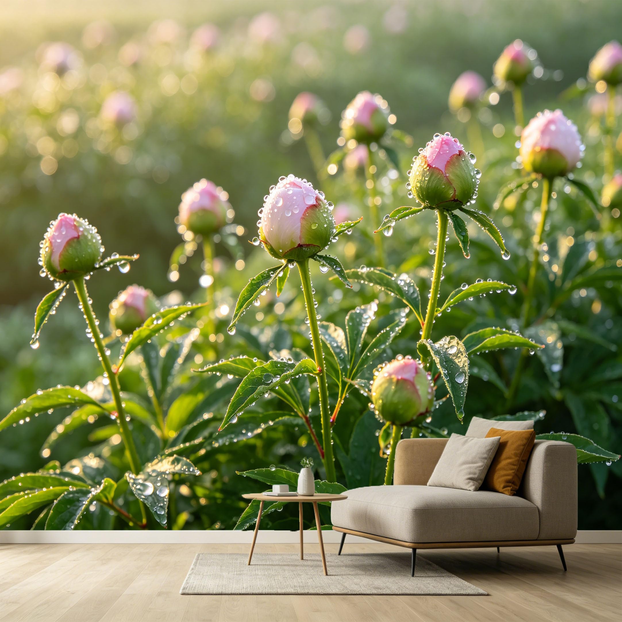 Custom Size Wall Murals Botanical Pink Peony Buds Morning Dewdrops Macro Photography SelfAdhesive Wall Fabric Removable Large Wallpaper for Photo Living Room