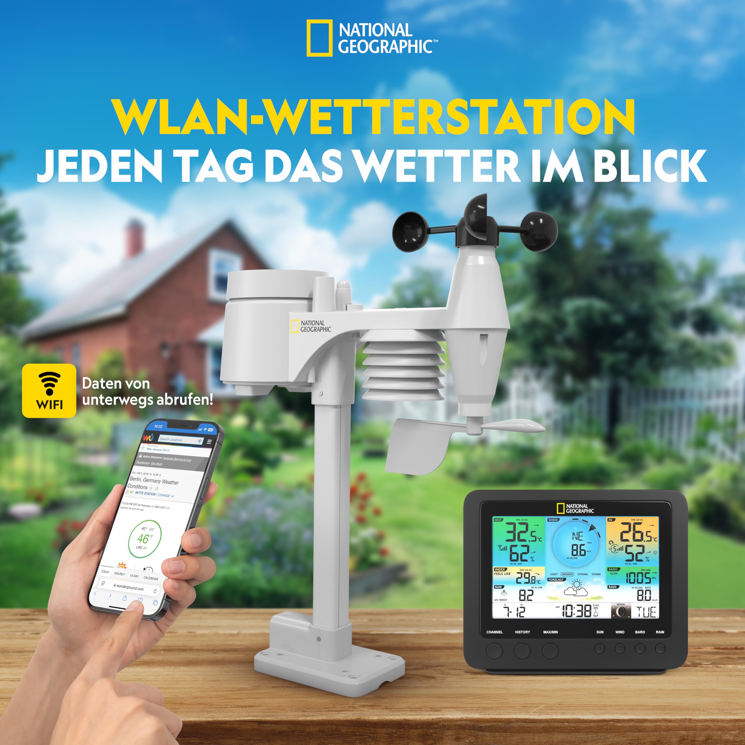 National Geographic Wetterstation Funk mit Aussensensor WLAN Farbwettercenter mit 7-in-1 Profi-Sensor für Wind, Luftfeuchtigkeit, Temperatur, Niederschlag, UV-Level und Lichtintensität, LED, Schwarz